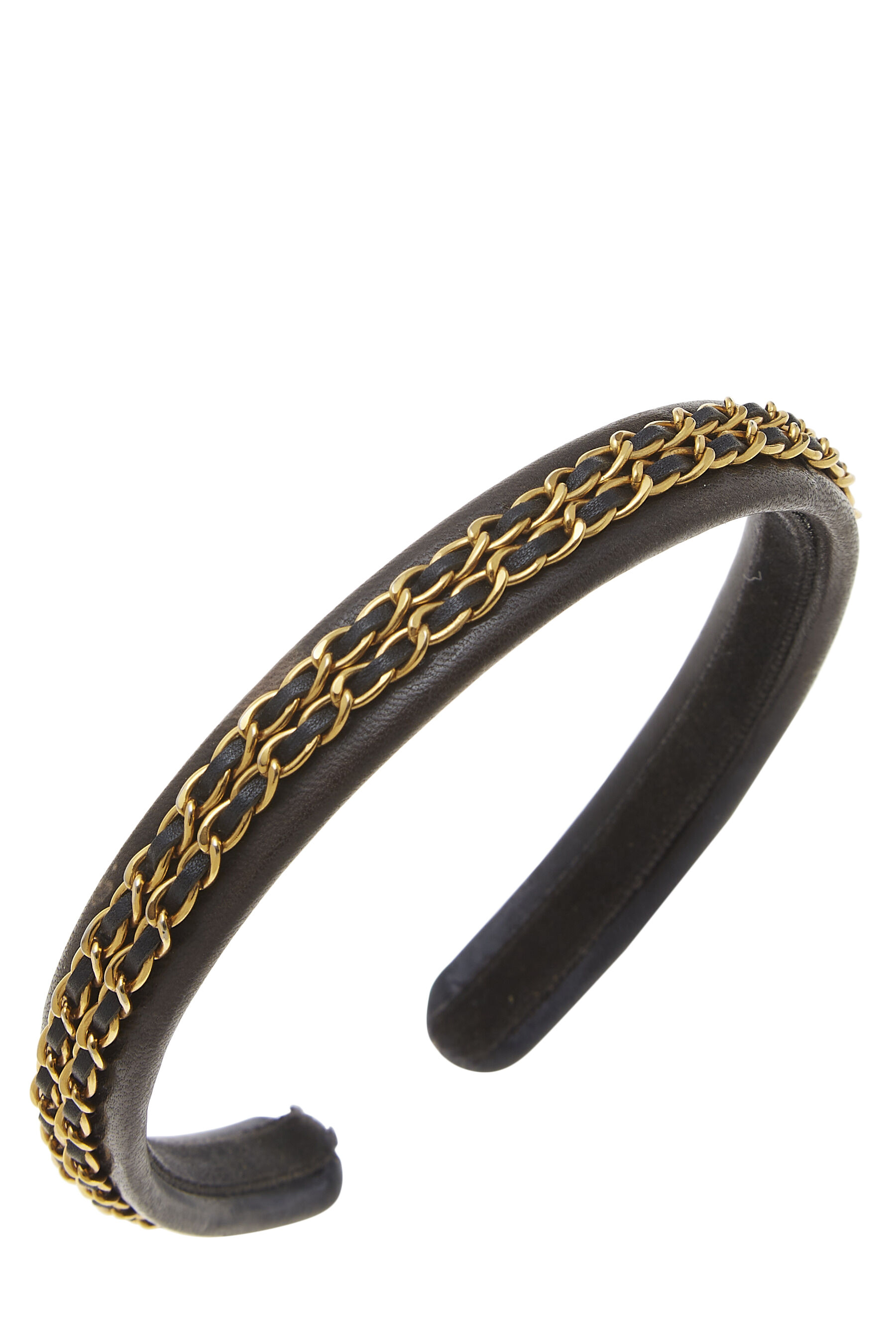 Chanel - Black Leather & Gold Chain Headband