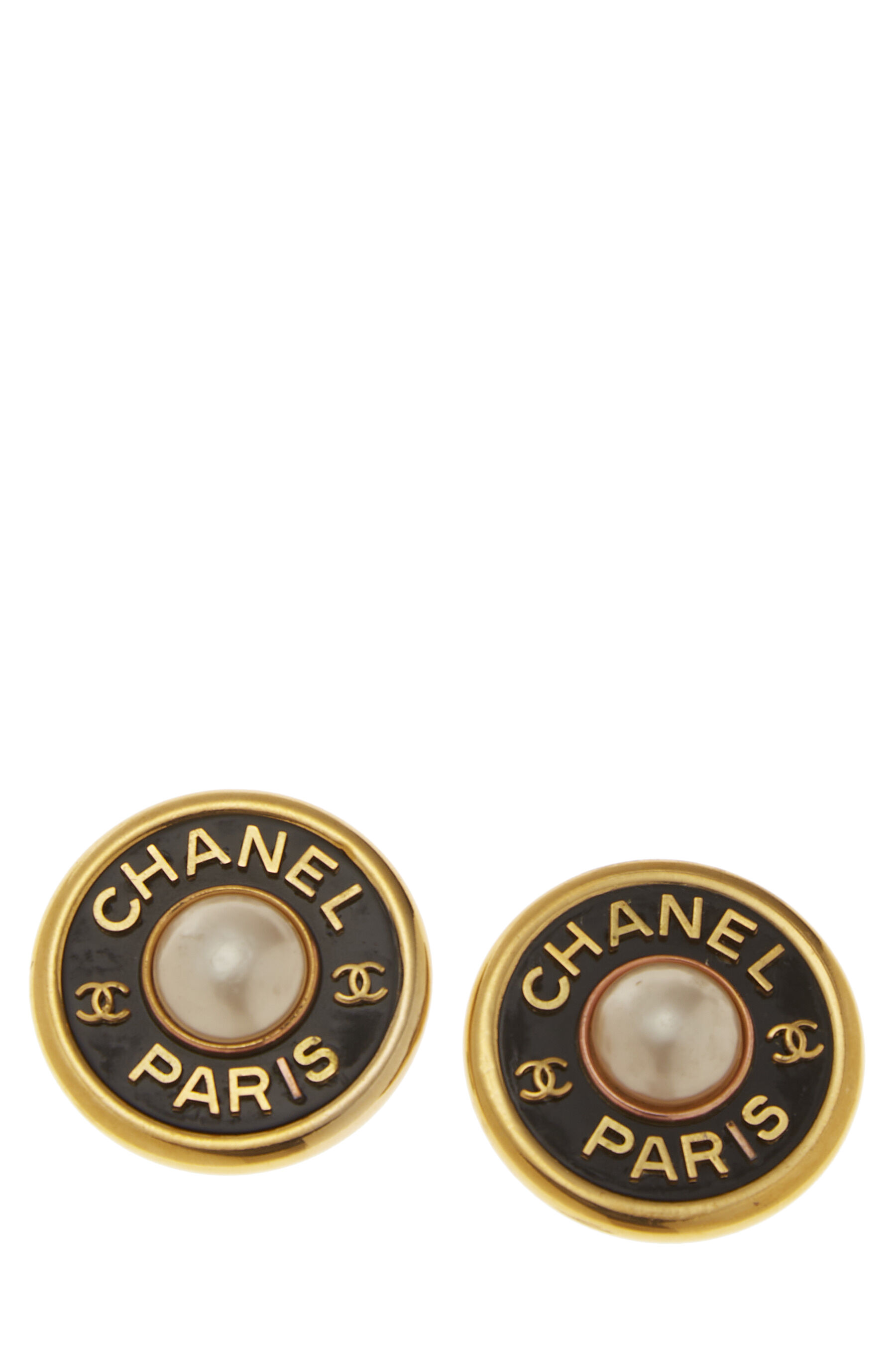Chanel - Black & Gold Faux Pearl Round Earrings Large
