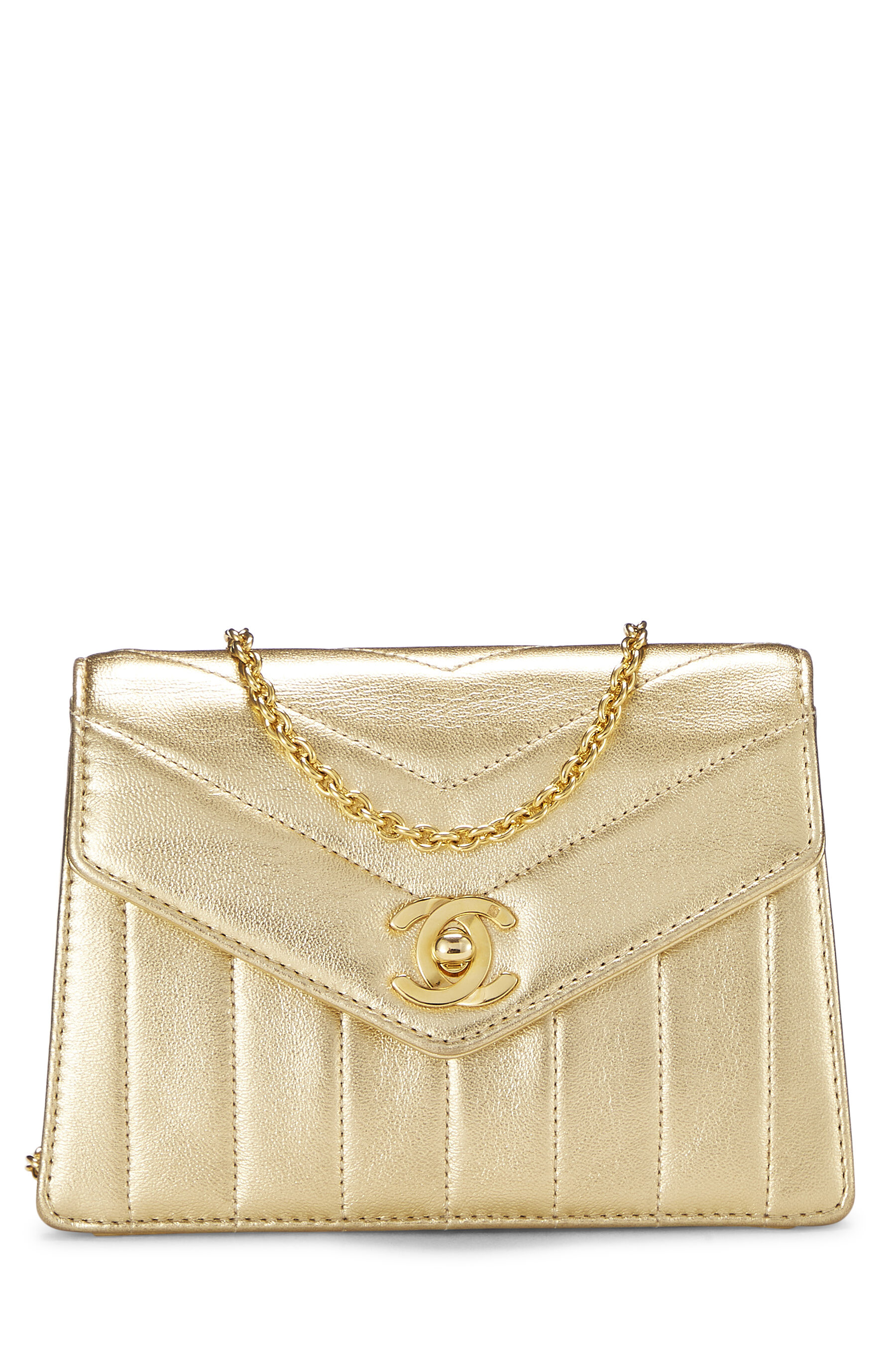 Chanel - Metallic Gold Chevron Lambskin Envelope Flap Mini