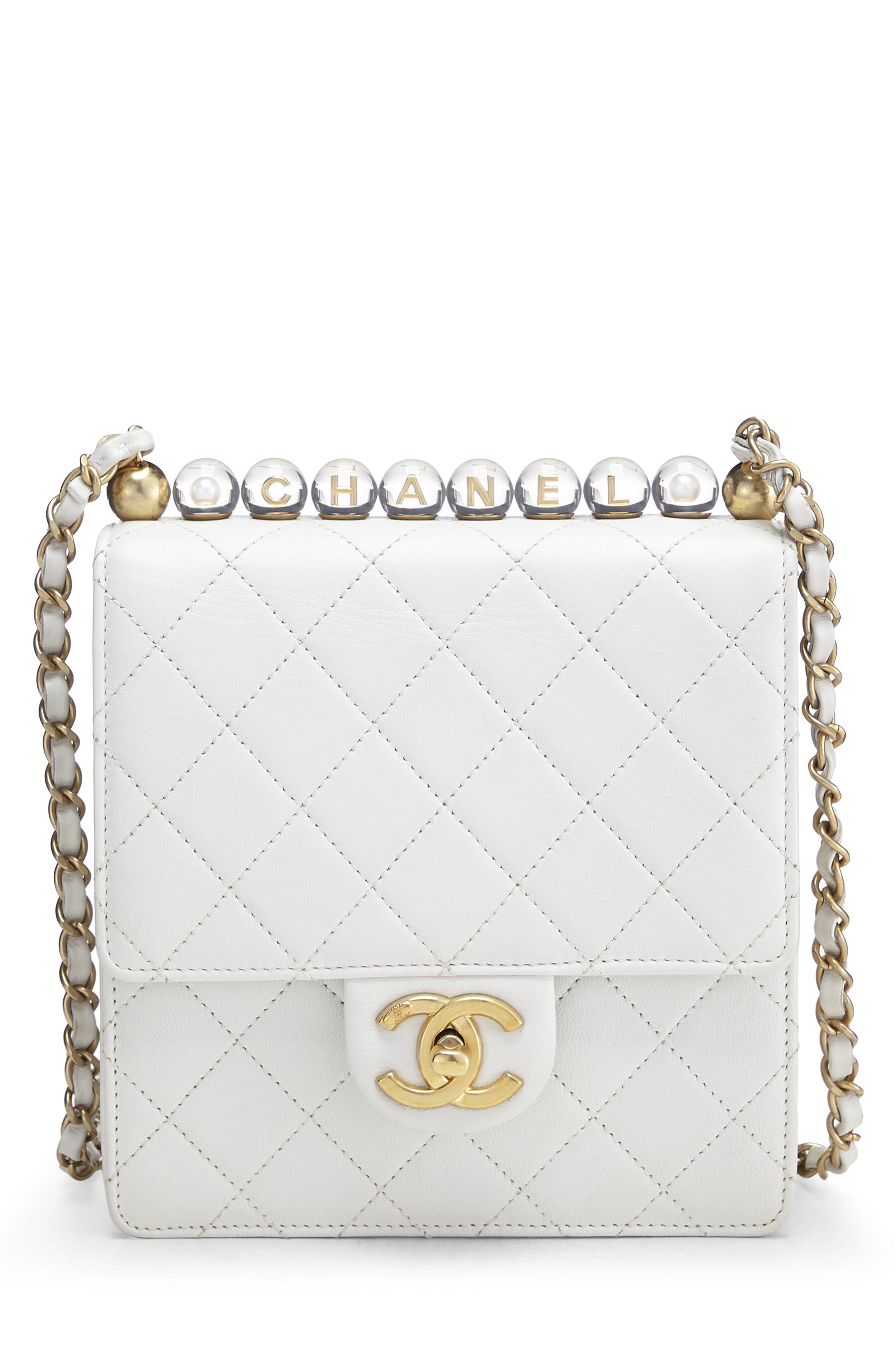 Chanel - White Quilted Lambskin Chic Pearl Chain Flap Small