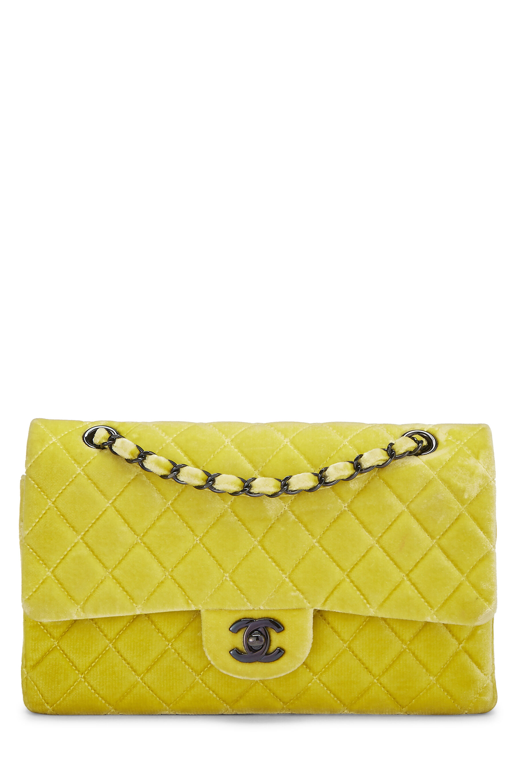 Chanel - Yellow Quilted Velvet Classic Double Flap Medium