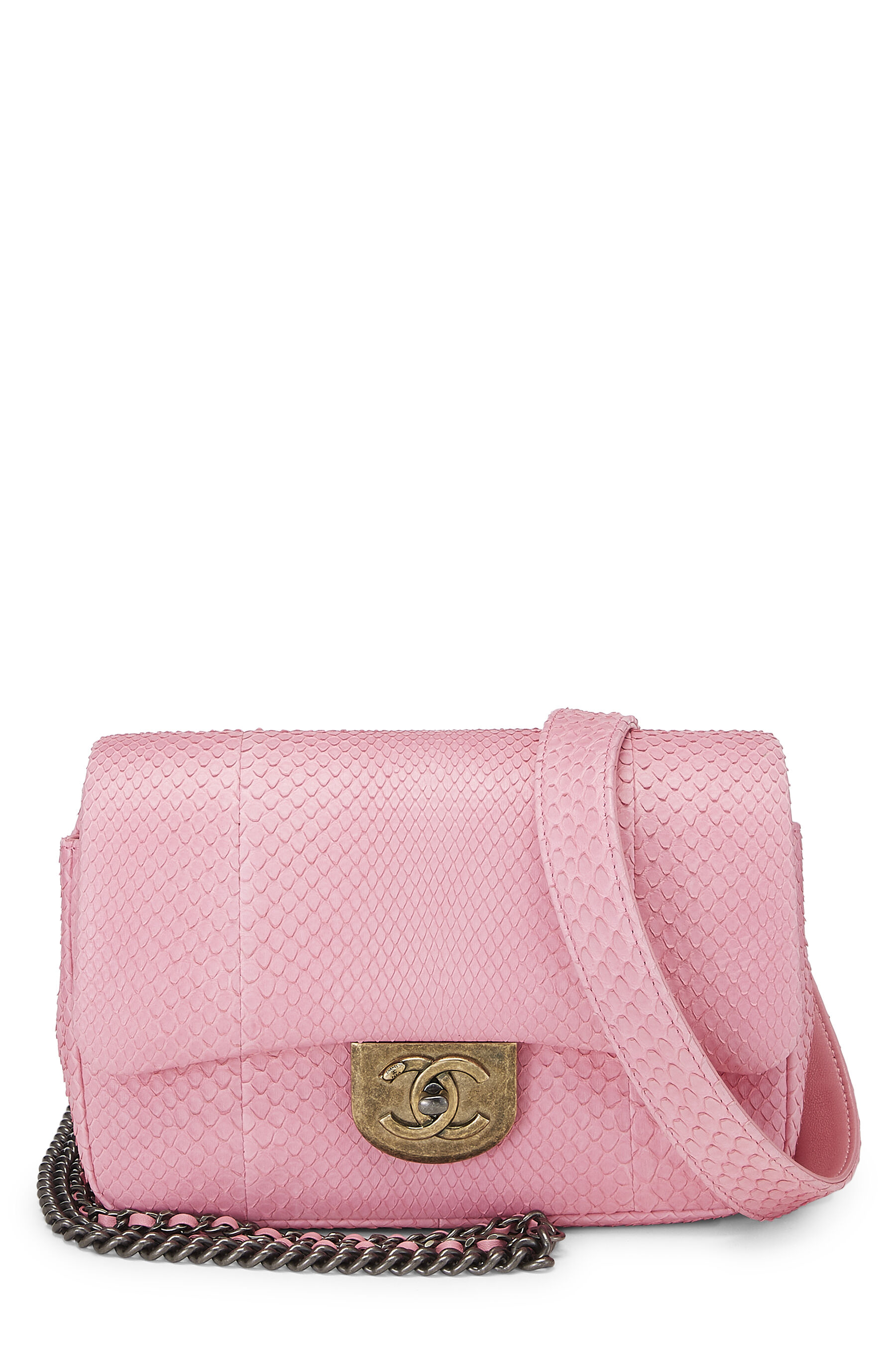 Pre-owned Chanel Pink Python Double Carry Waist Chain Flap Bag Small