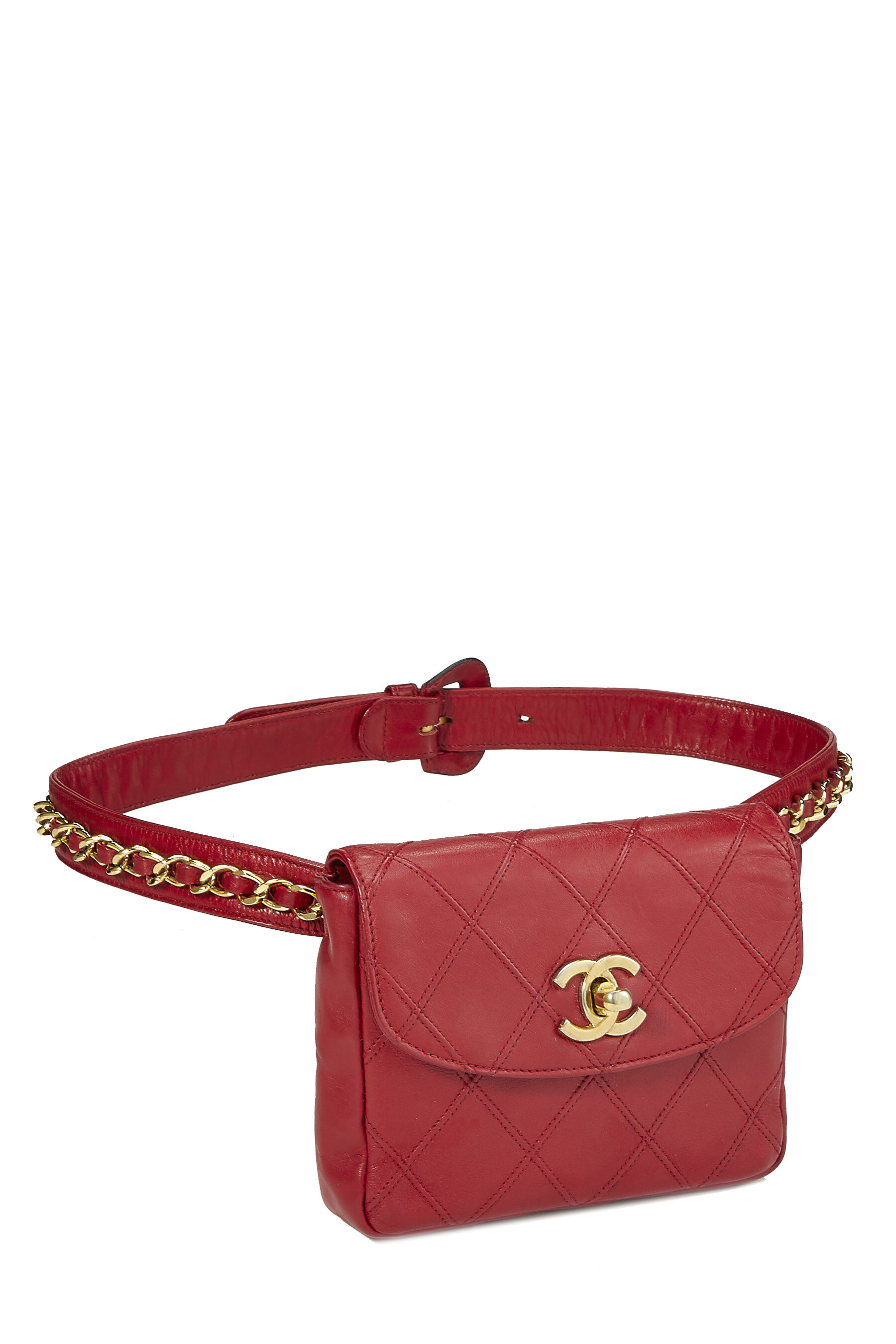 Red Quilted Lambskin Chain Belt Bag 65