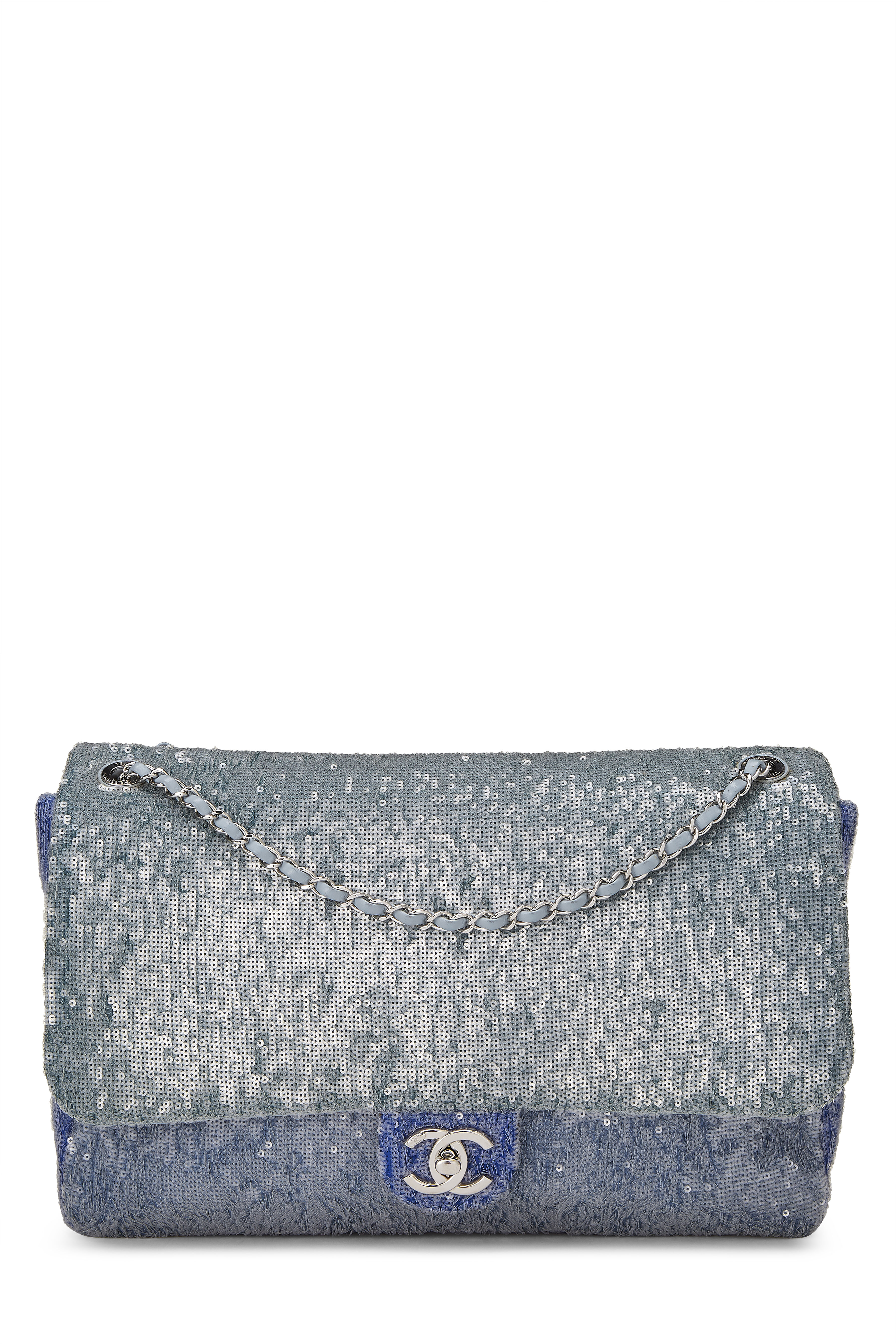 A RUNWAY BLUE WATERFALL SEQUIN JUMBO SINGLE FLAP BAG WITH SILVER
