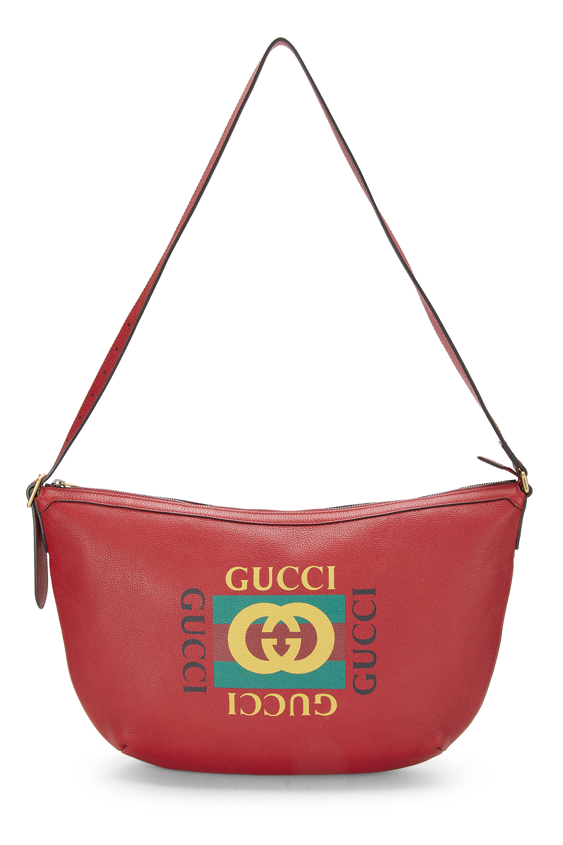Pre-owned Gucci Red Grained Leather Logo Print Moon Hobo