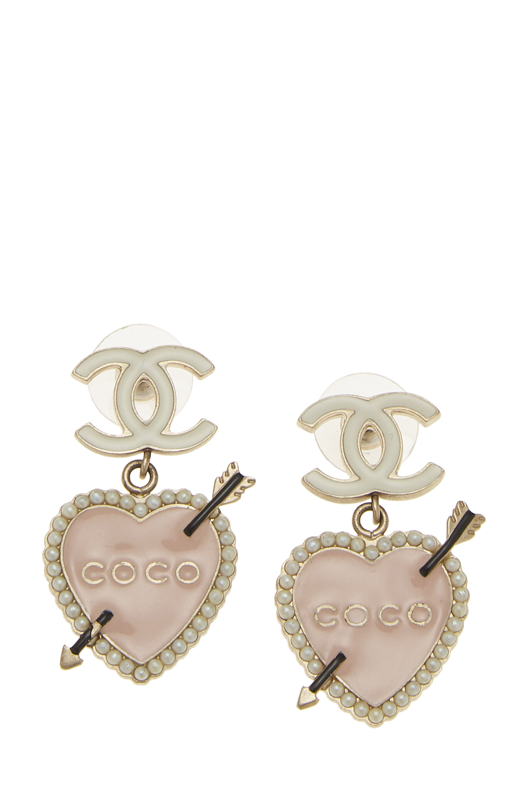Chanel Gold & Pink Enamel 'CC' Heart Dangle Earrings