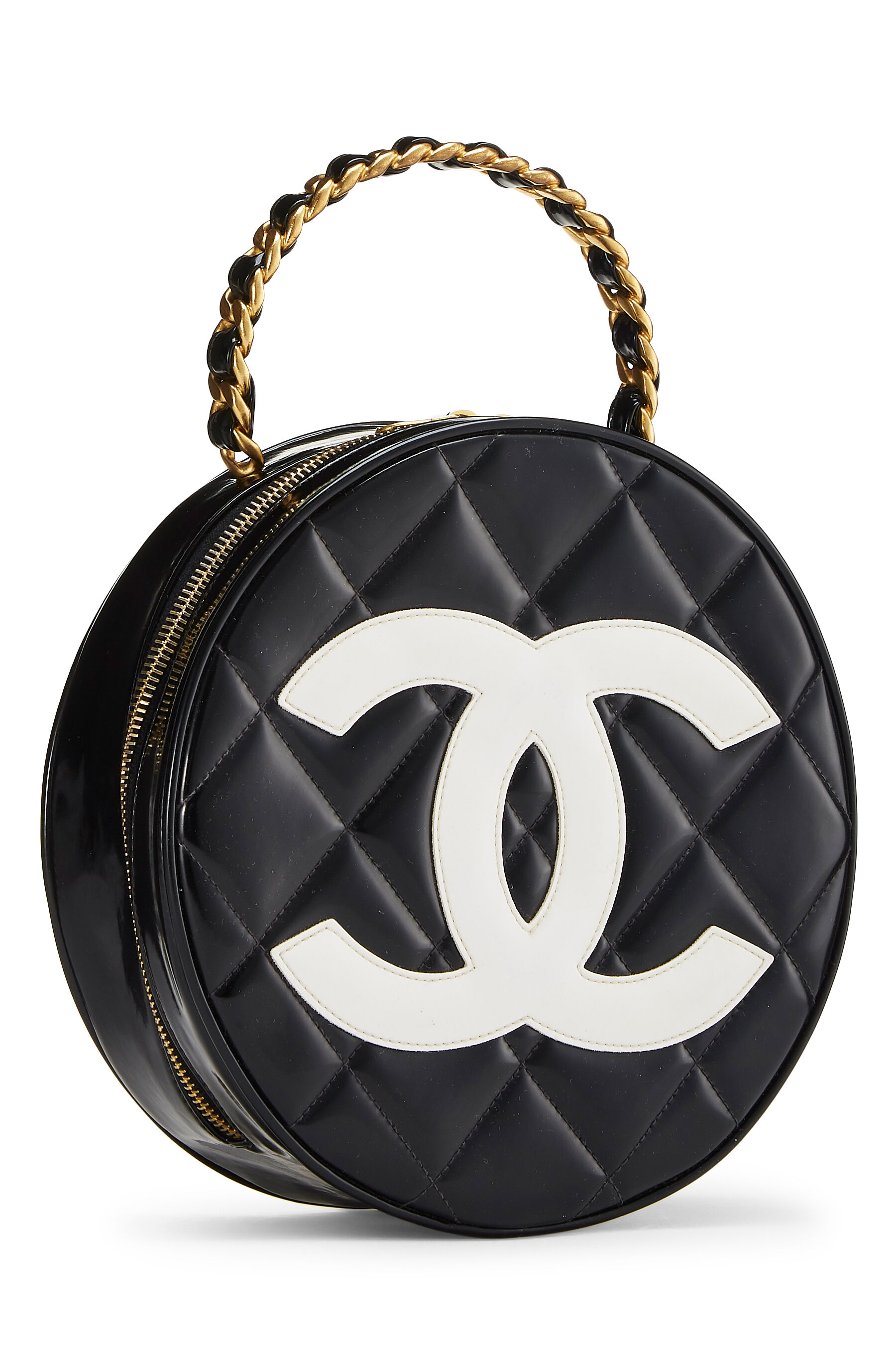 CHANEL Matelasse Round handle wood style Hand Bag White x Brown 