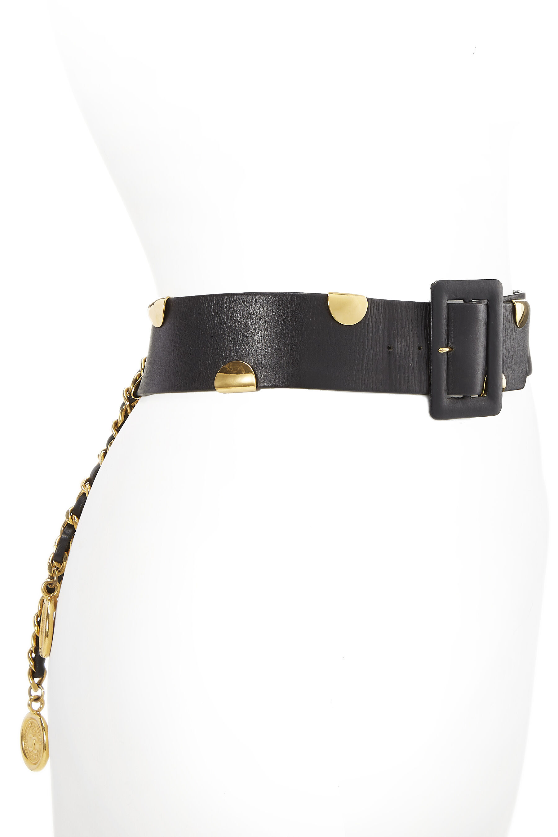 Black Leather & Chain Waist Belt 70