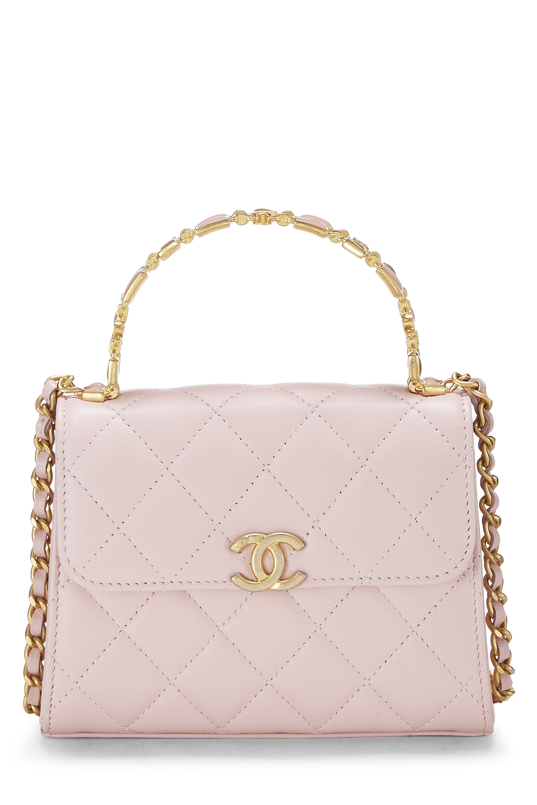 Chanel - Pink Lambskin Top Handle Long Chain Bag Small
