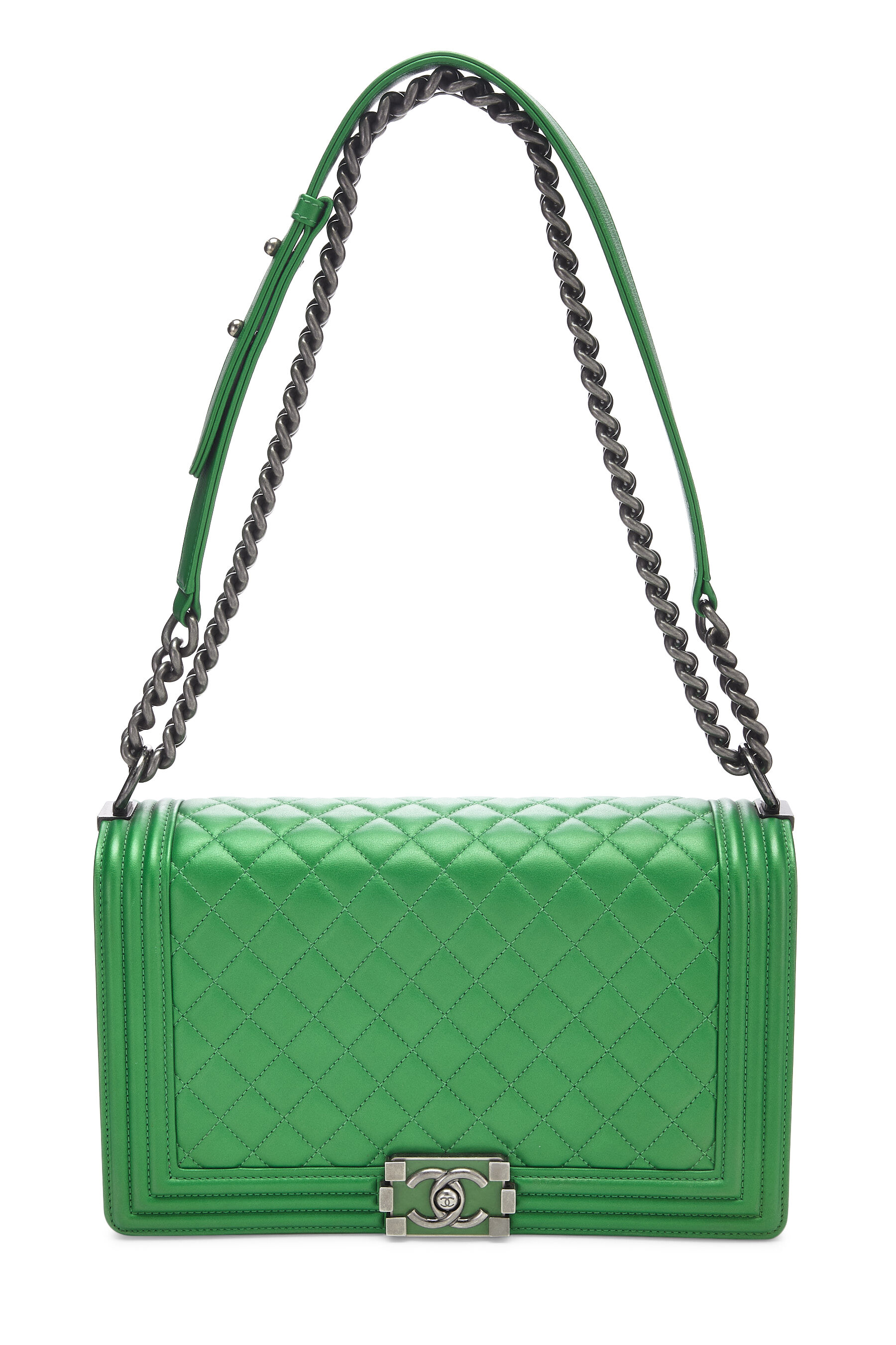 Chanel Metallic Green Quilted Lambskin Boy Bag Large Q6B01A1IG7006