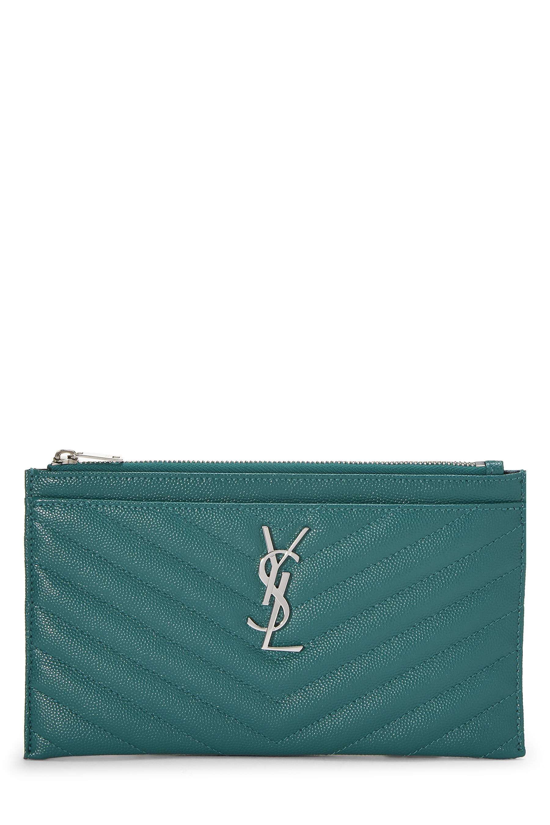 Ysl - Green Quilted Grainy Zip Pouch