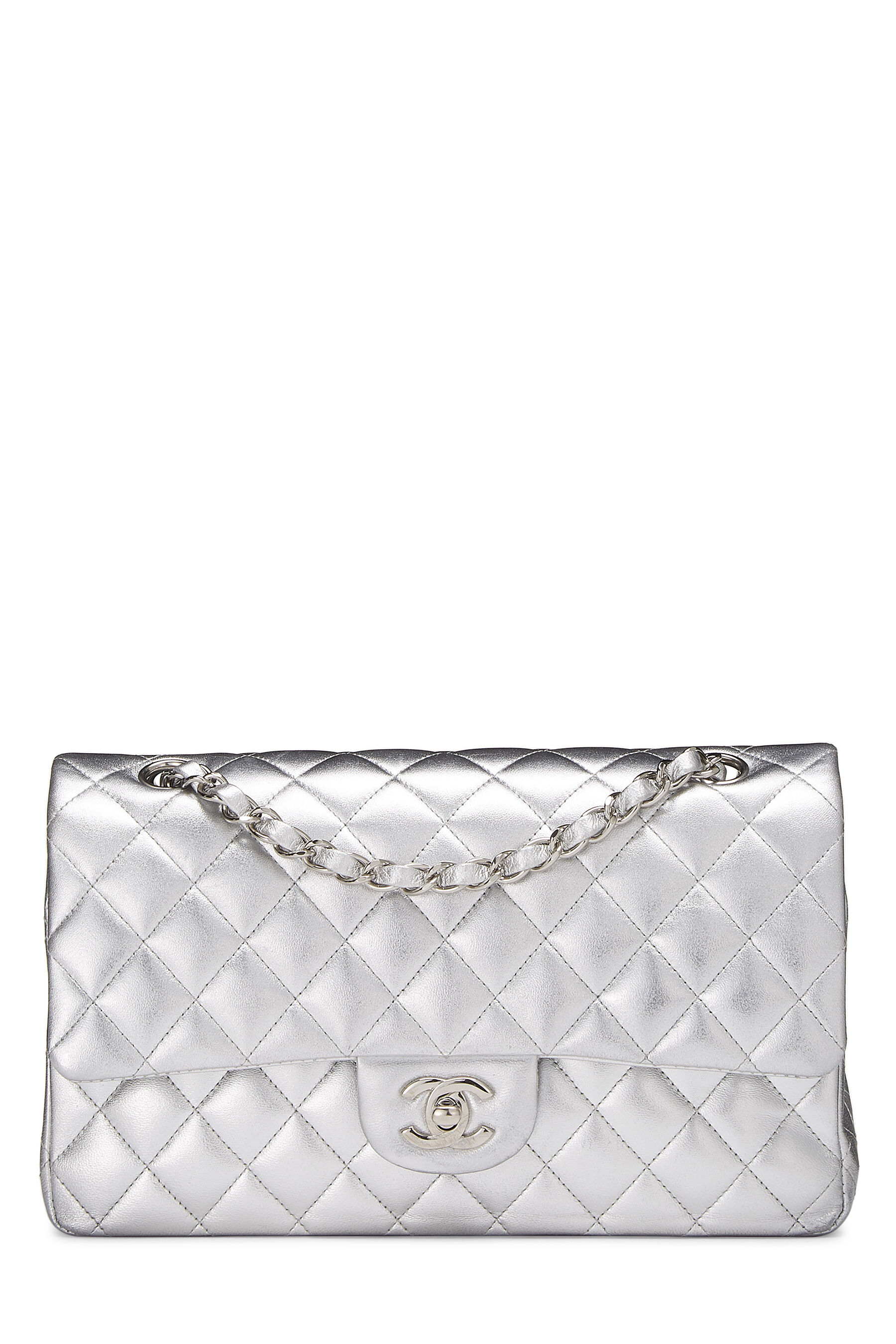 Chanel - Metallic Silver Quilted Lambskin Classic Double Flap Medium