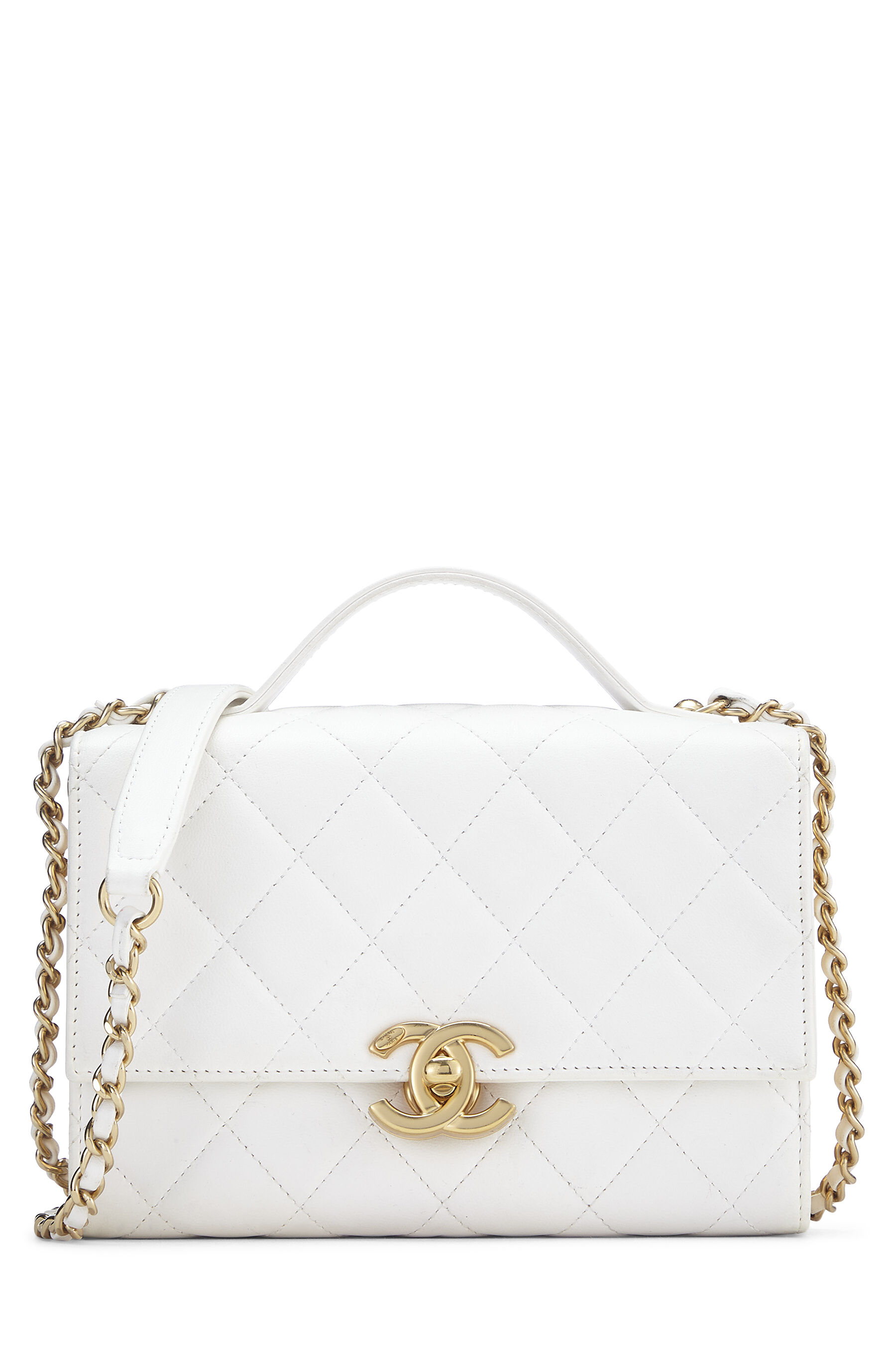 Chanel, Pre-Loved White Calfskin Top Handle Flap Bag, White