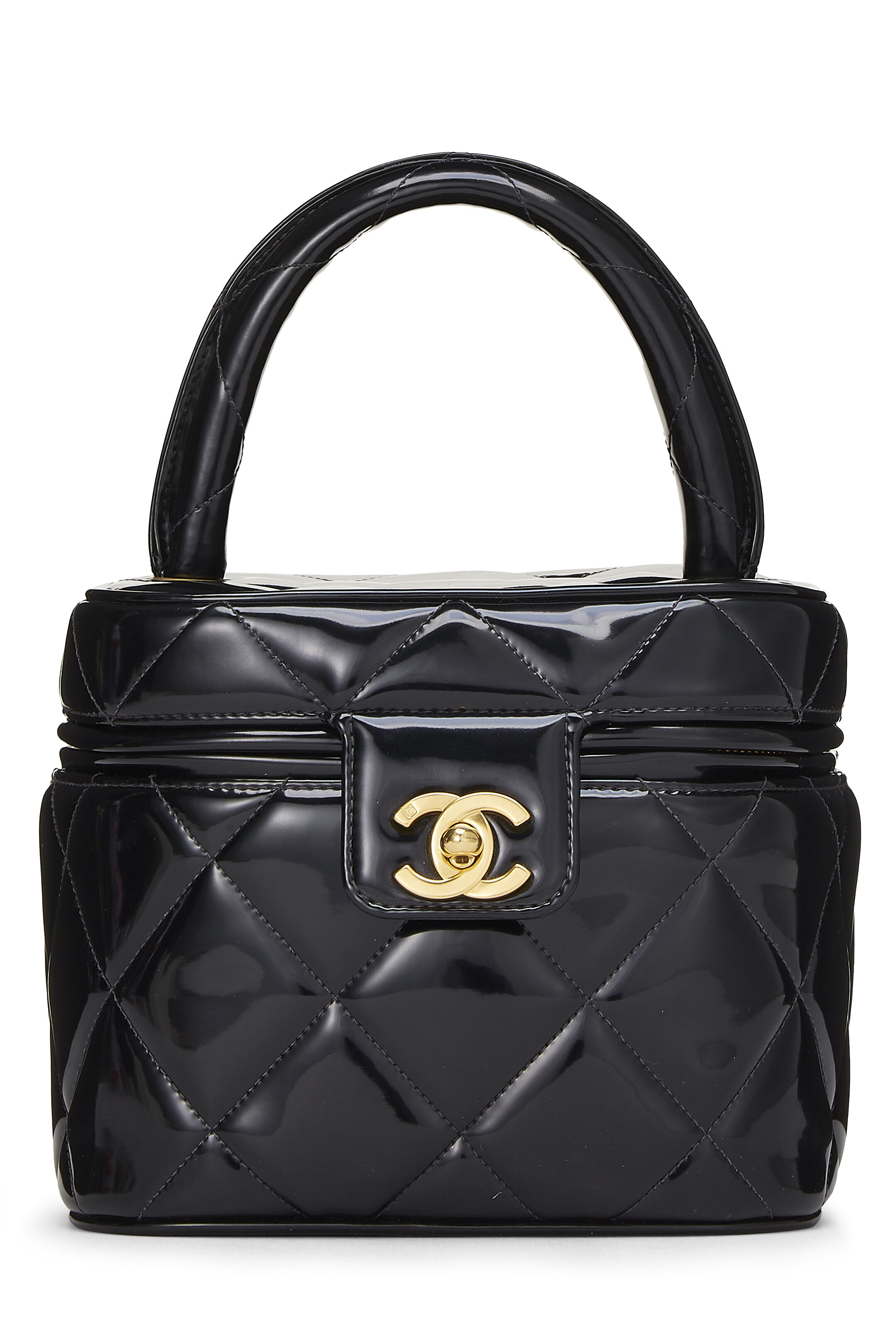 Chanel - Black Patent Quilted Heart Mirror Vanity