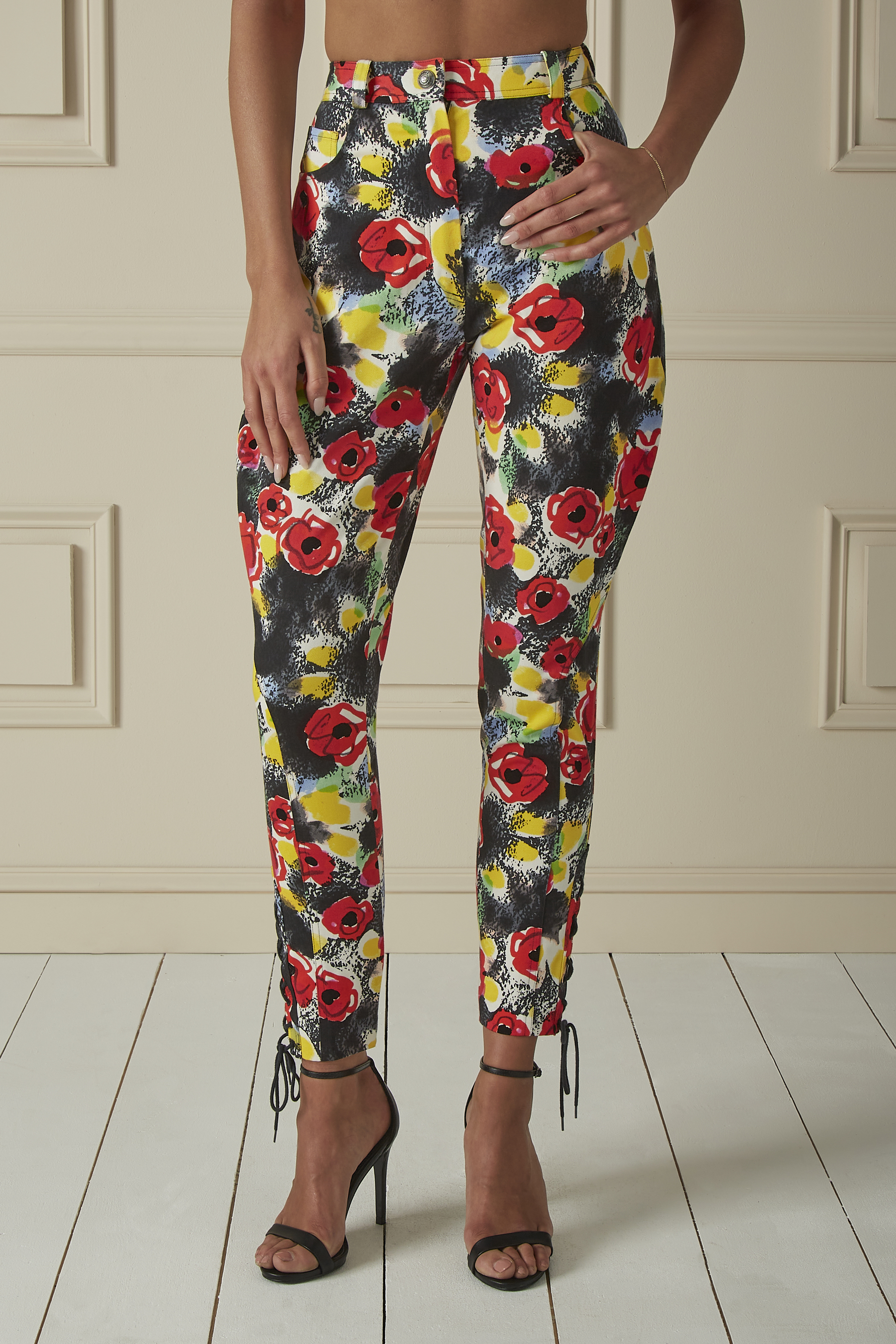 Floral Printed Denim High Waisted Pants