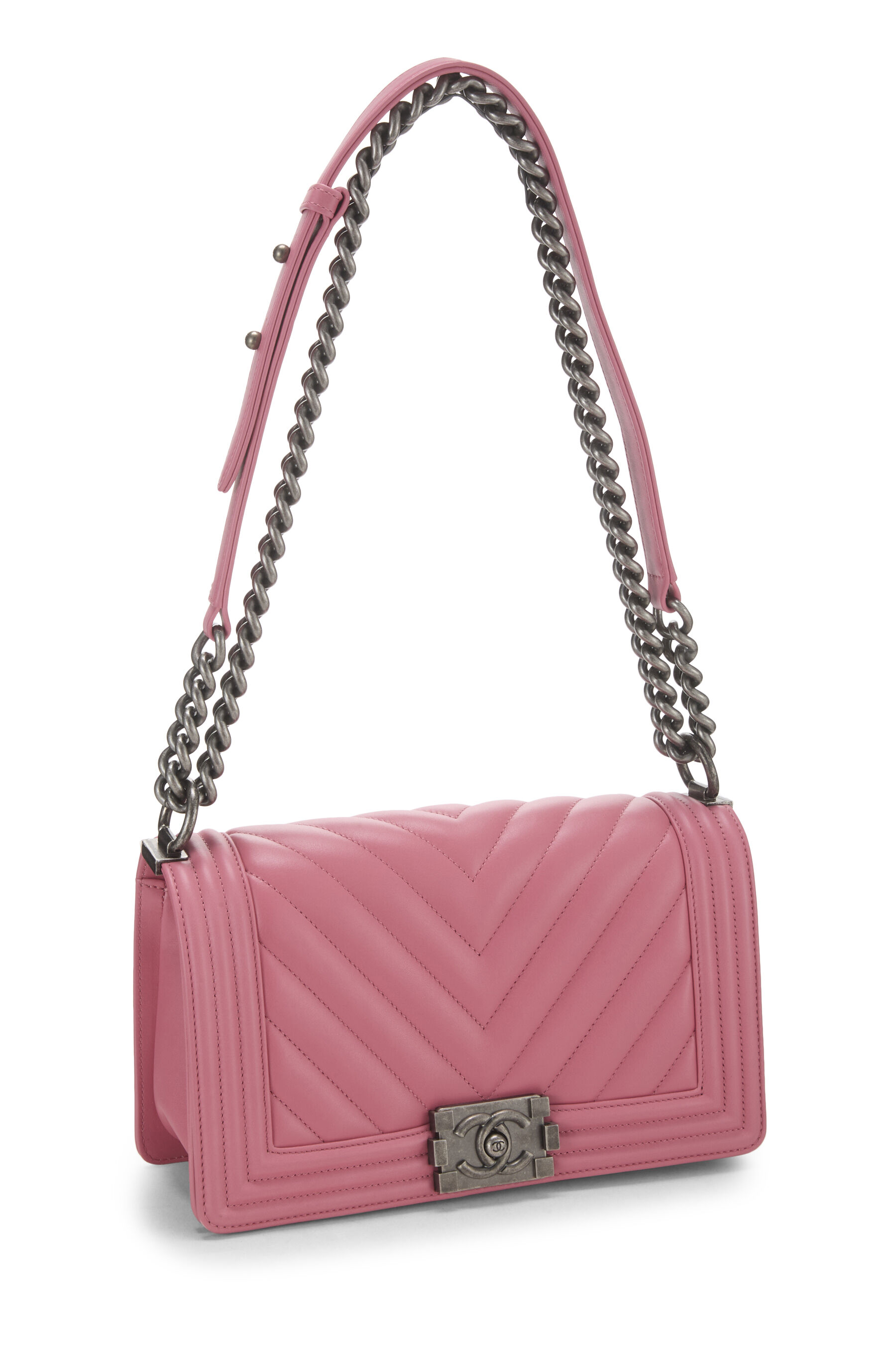 Chanel Pink Chevron Calfskin Boy Bag Medium Q6BFOF3PP7001 | WGACA 