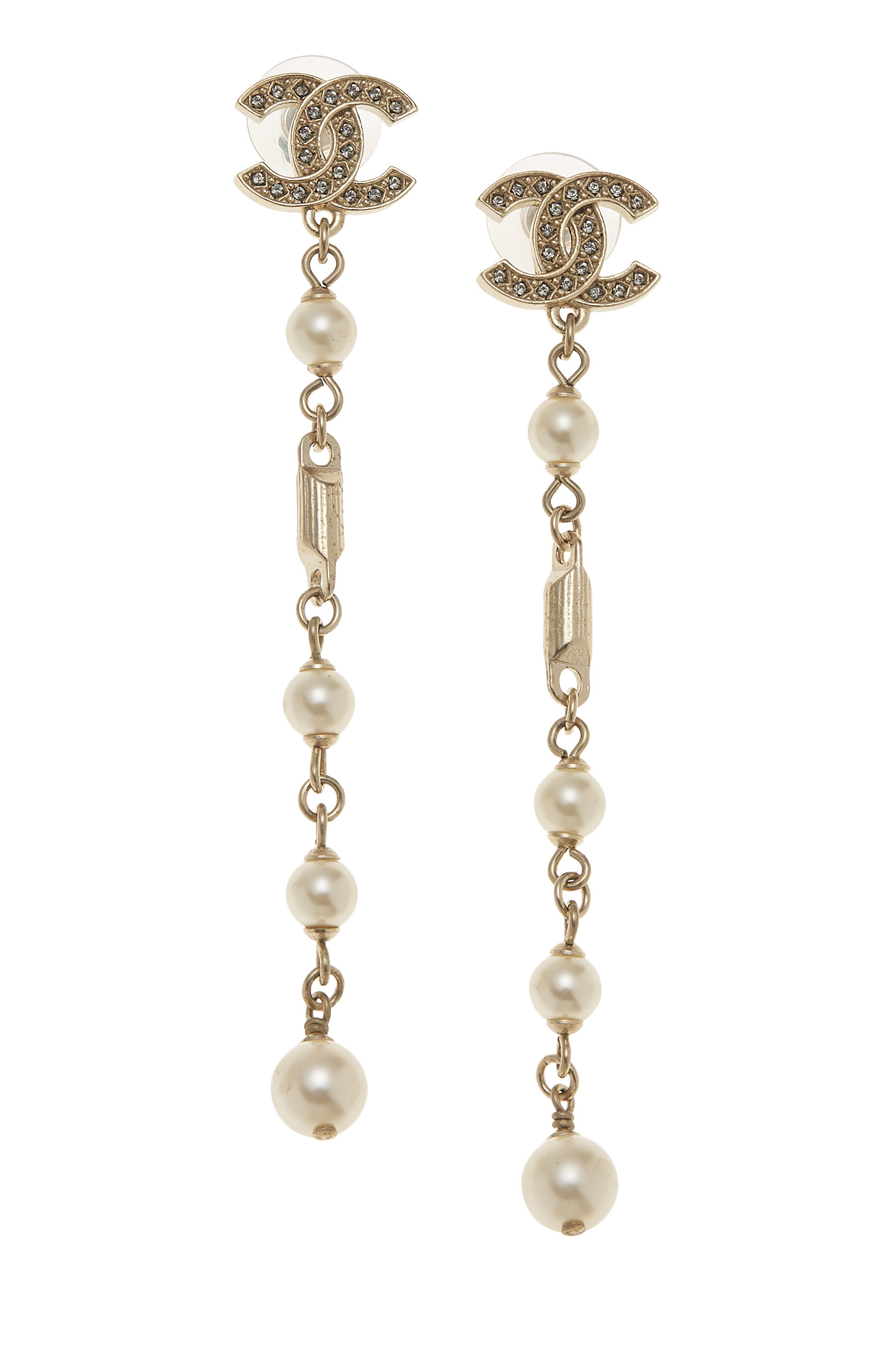 Chanel - Gold Crystal Faux Pearl Dangle Earrings