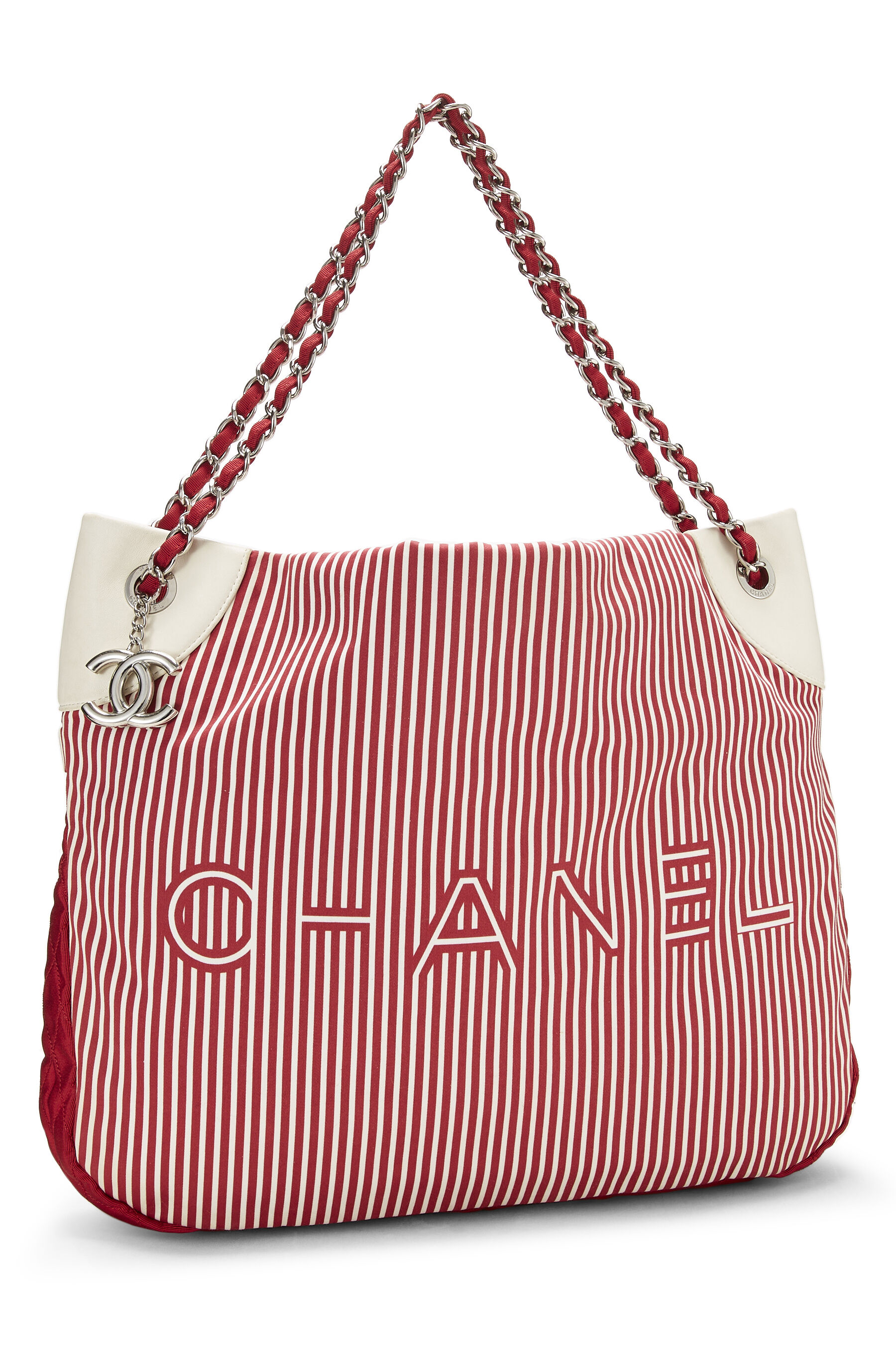 Chanel - Red & White Striped Fabric Tote Large