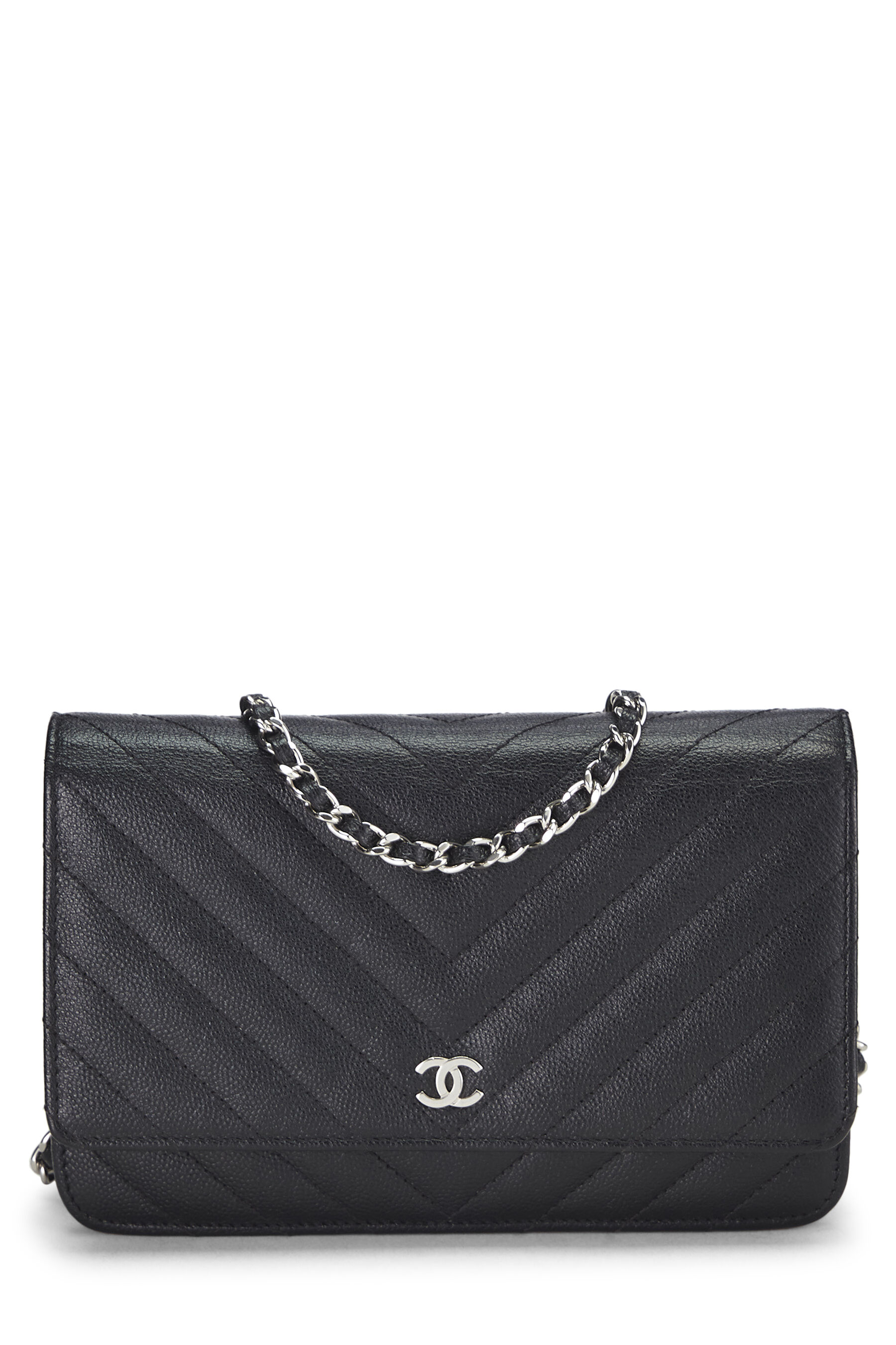 Chanel Black Caviar Chevron Wallet On Chain Silver Hardware, 2017