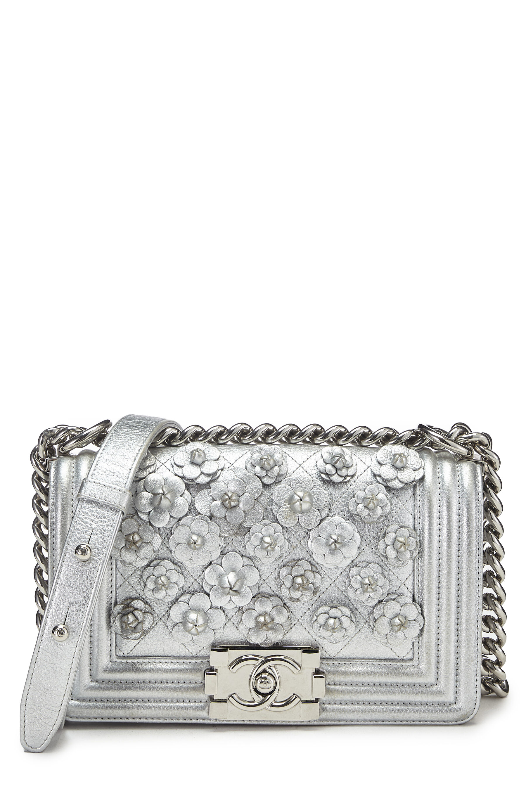 Chanel Silver Quilted Lambskin Camellia Boy Bag Small Q6B4IL1IVH000