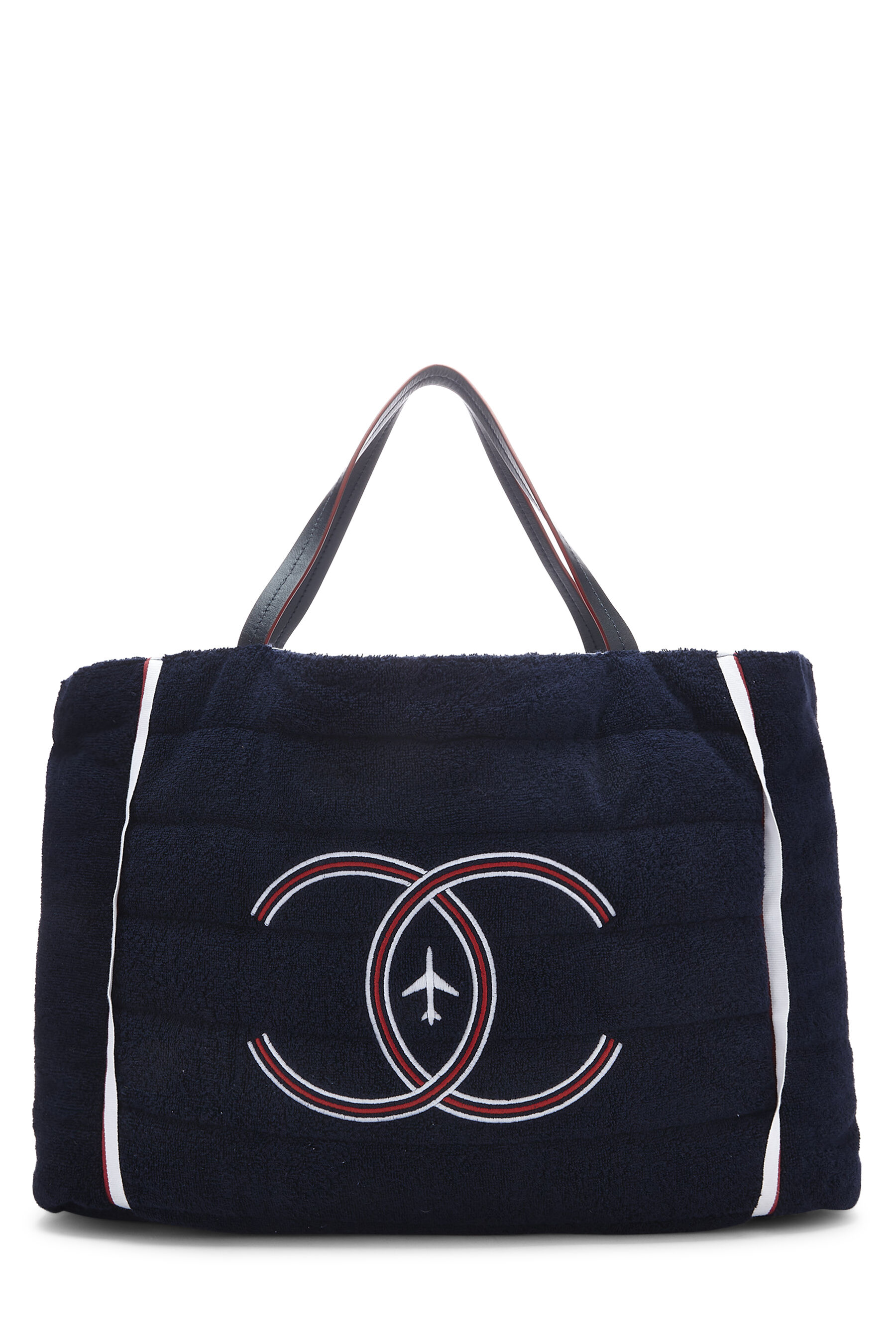 Chanel - Navy Terry Cloth & Silver Nylon Reversible Airlines Tote Large