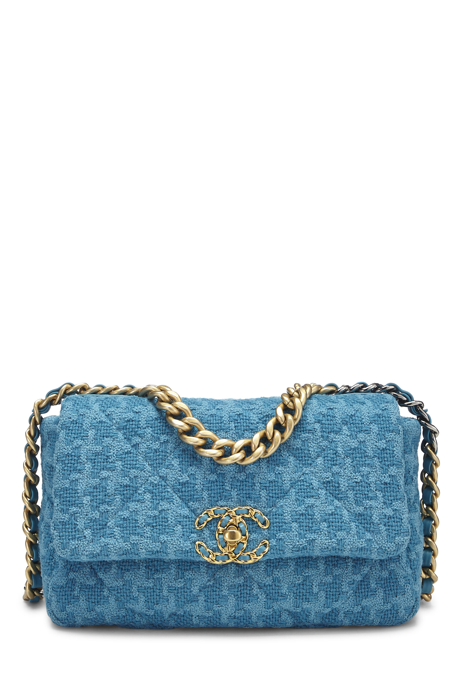 New W Box Authentic Chanel 19 Flap Bag Quilted Tweed Large Blue (2019)