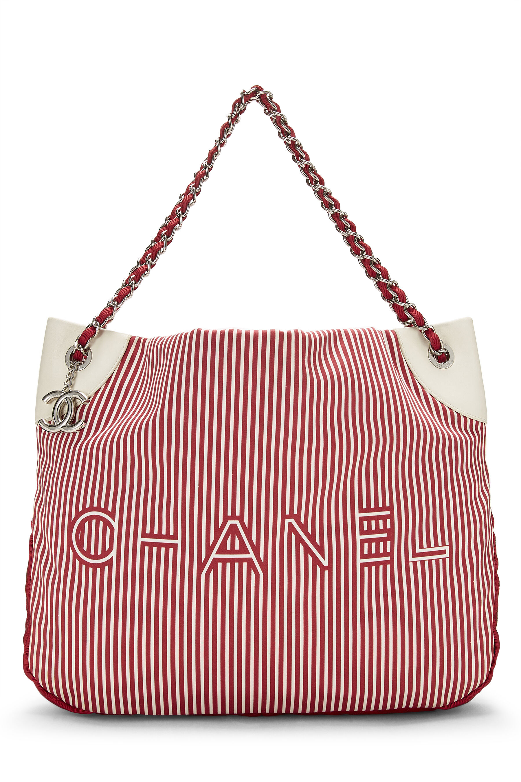 Chanel - Red & White Striped Fabric Tote Large