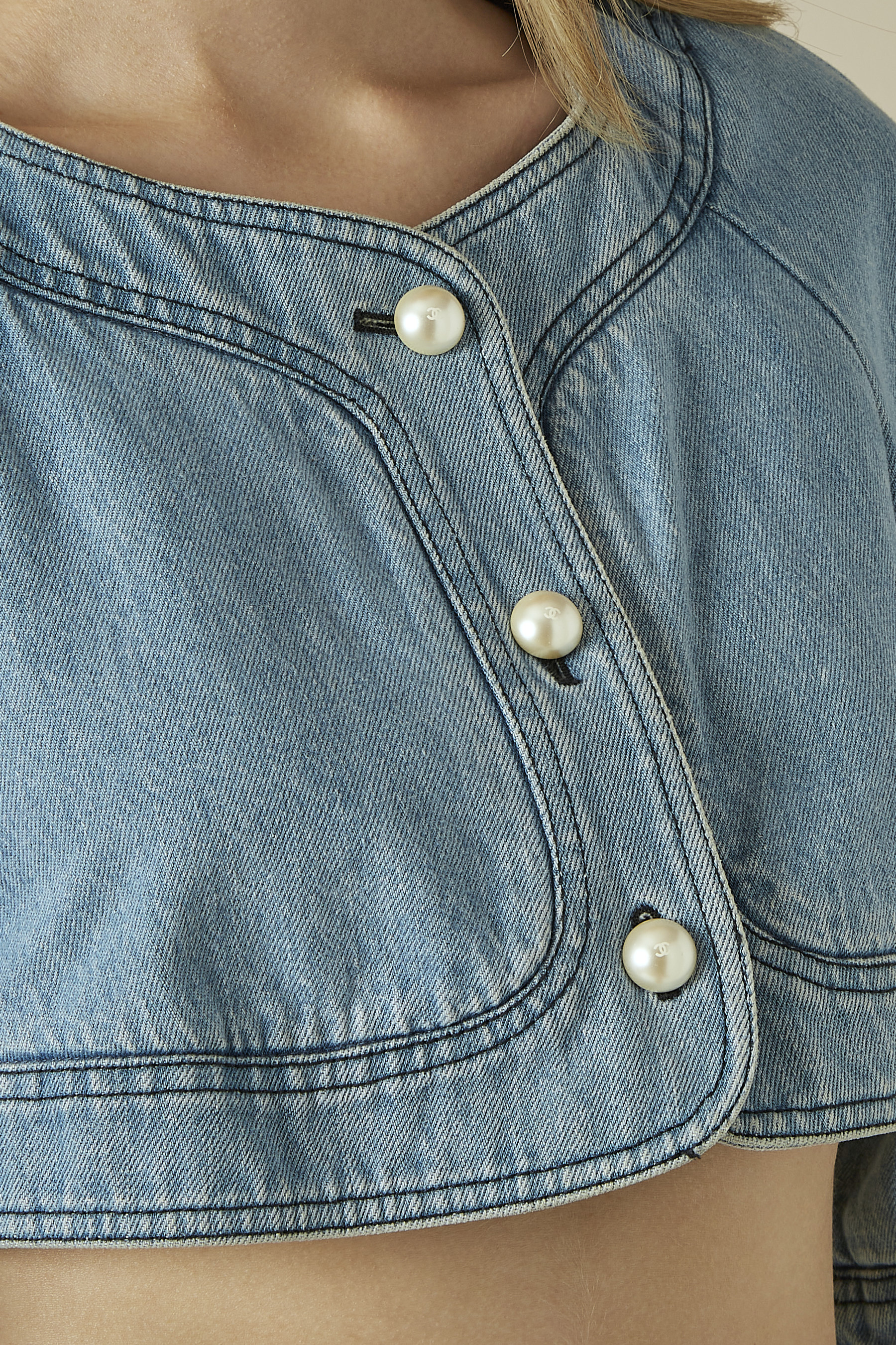 Blue Denim Faux Pearl Cropped Jacket