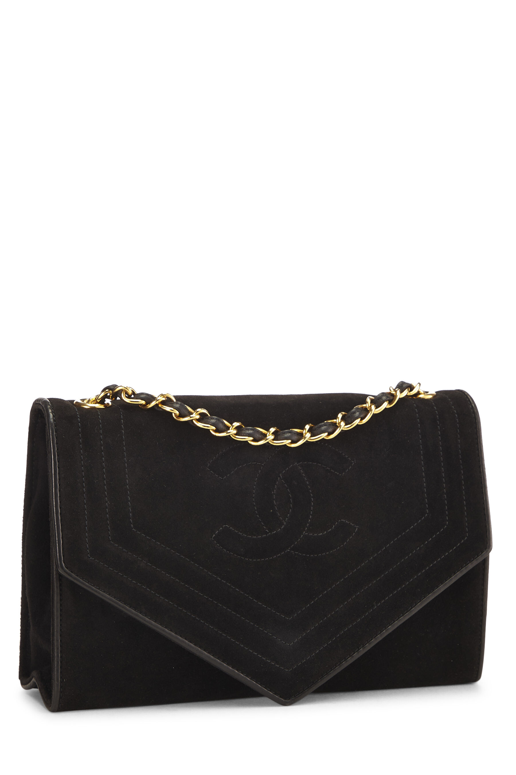 Chanel - Black Suede Triborder Envelope Flap Shoulder Bag Small