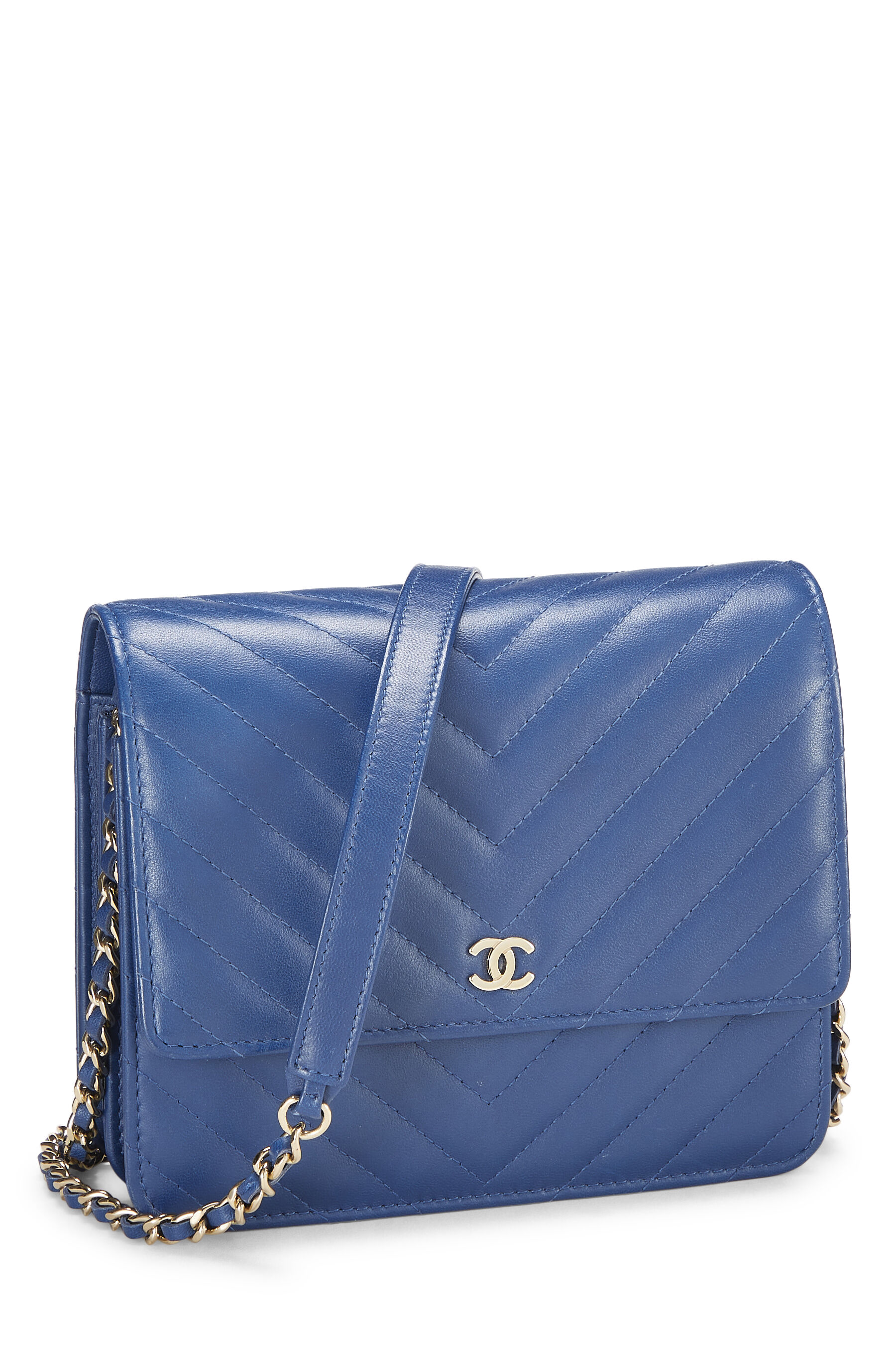 Pre-owned Blue Chevron Lambskin Square Wallet On Chain (woc)