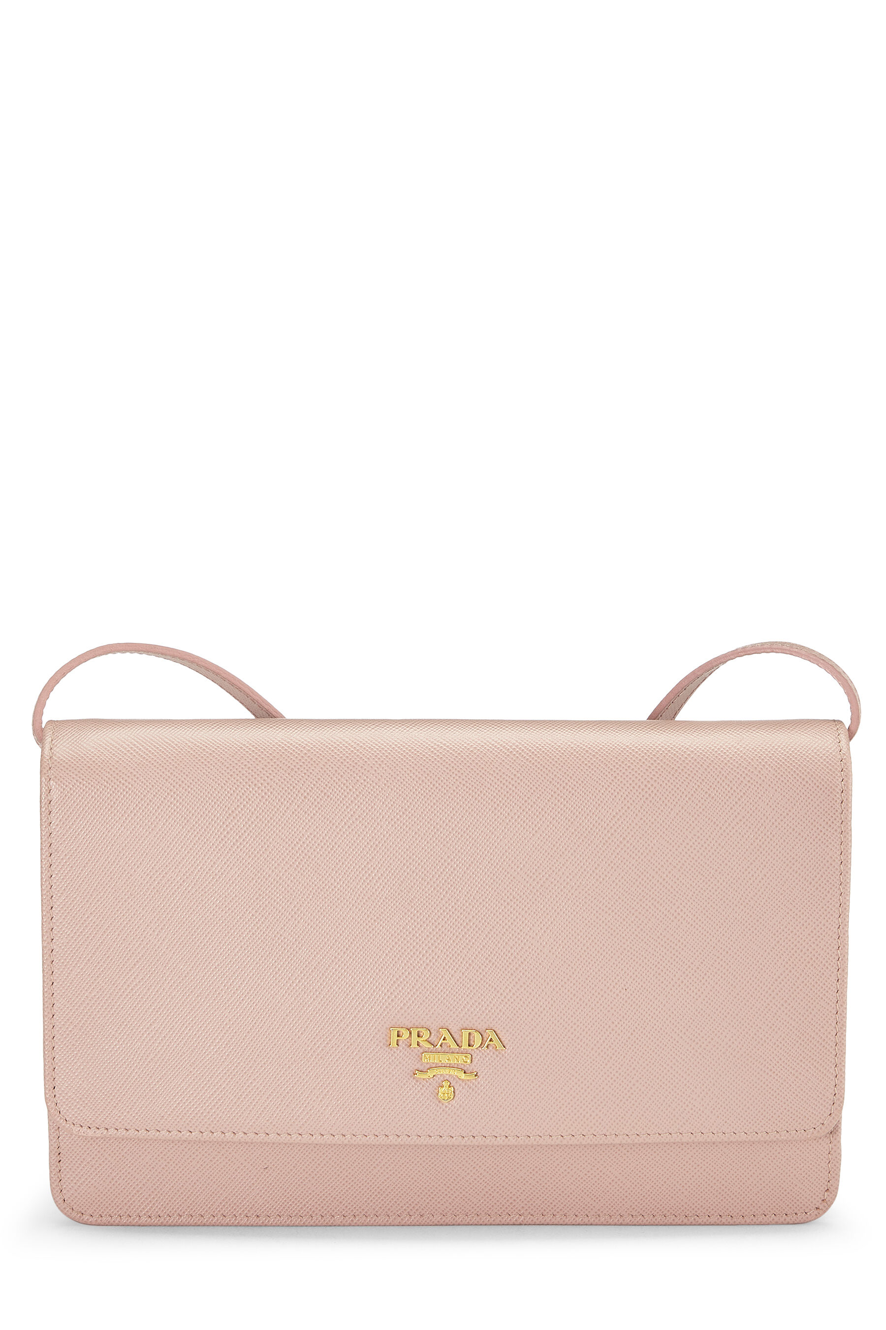 PRADA Pink Gold Saffiano Leather Wallet on Strap Clutch With Box