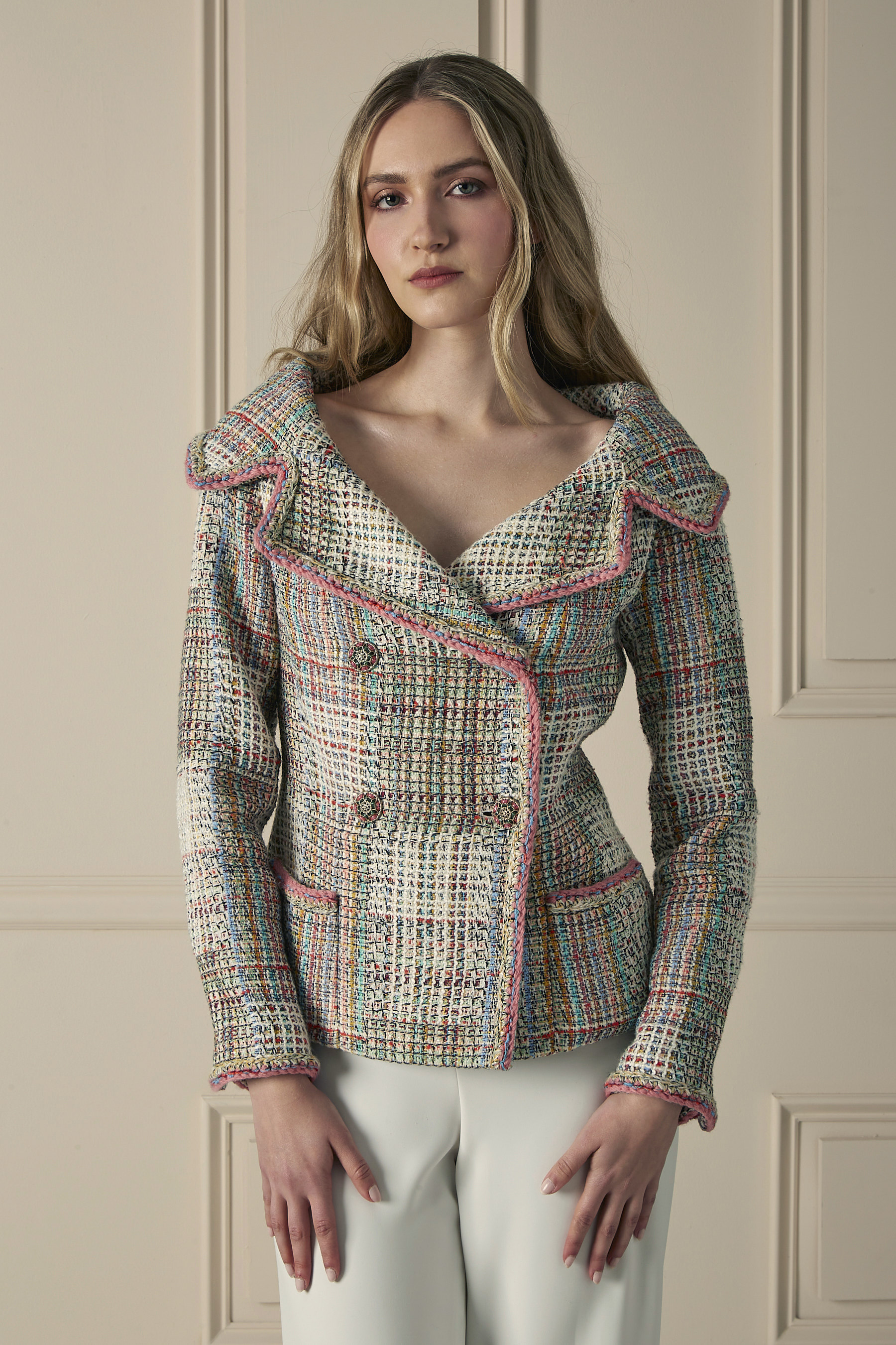 Multicolor Off-Shoulder Tweed Jacket