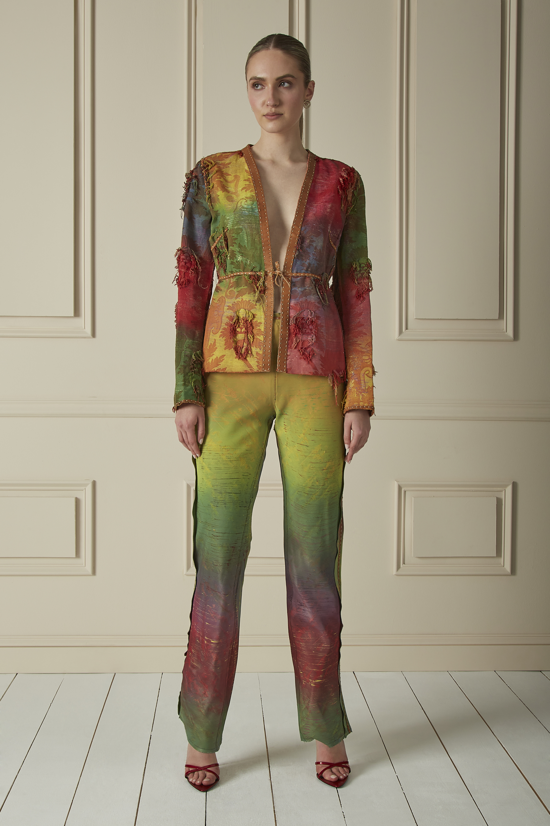 Multicolor Fringed Tapestry Jacket & Pant Set