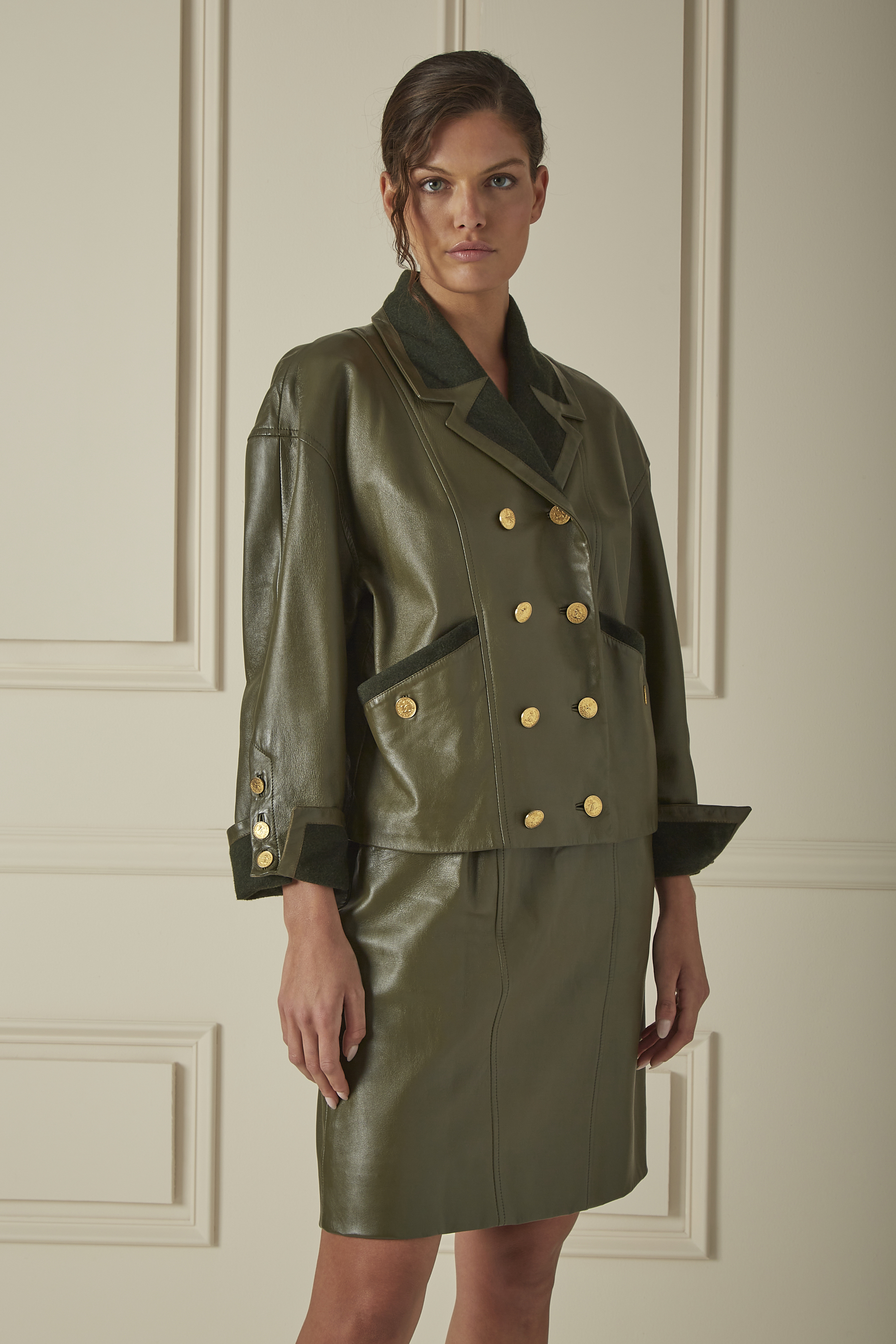 Green Leather And Wool Skirt Suit Set