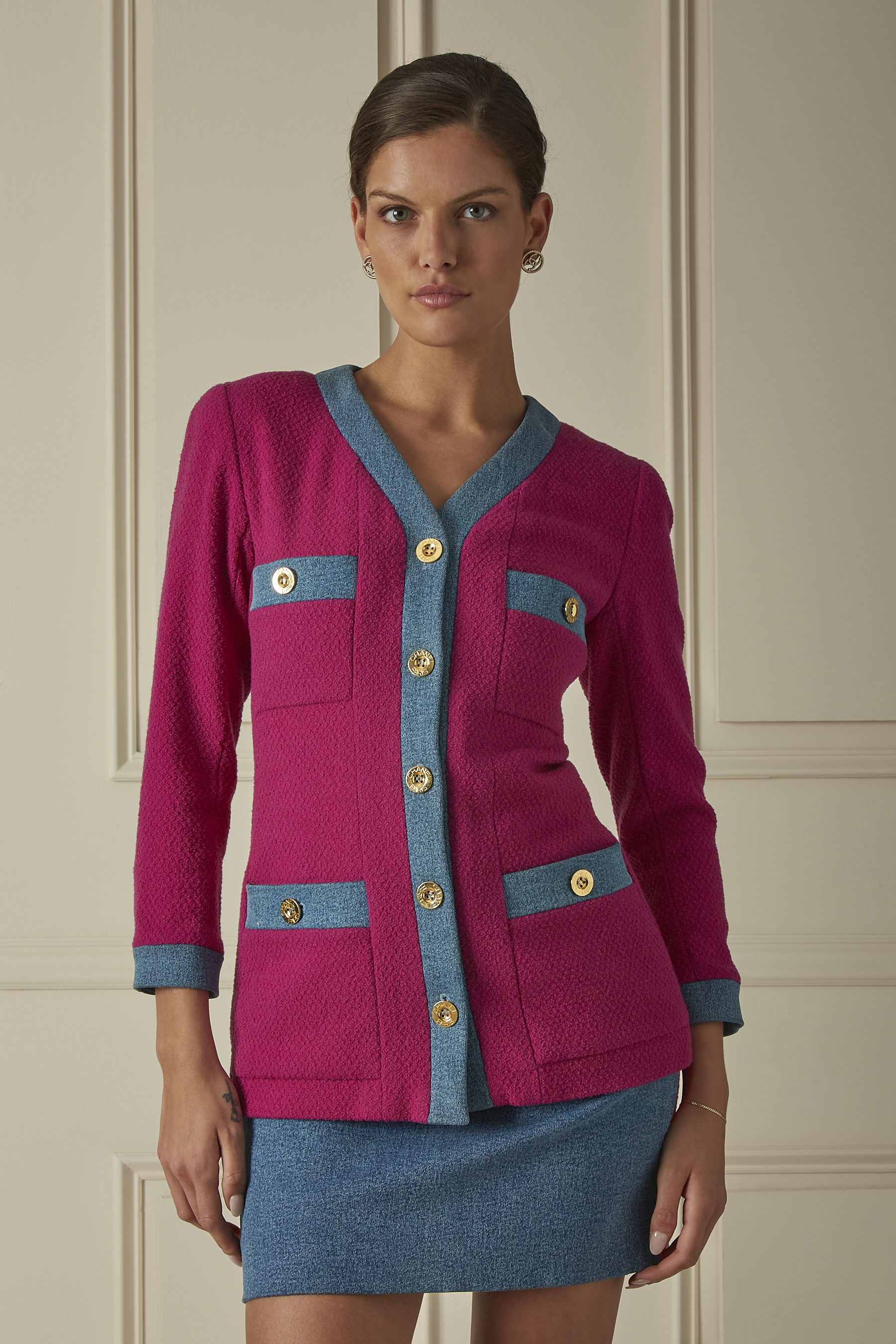 Pink Denim-Trimmed Tweed Jacket