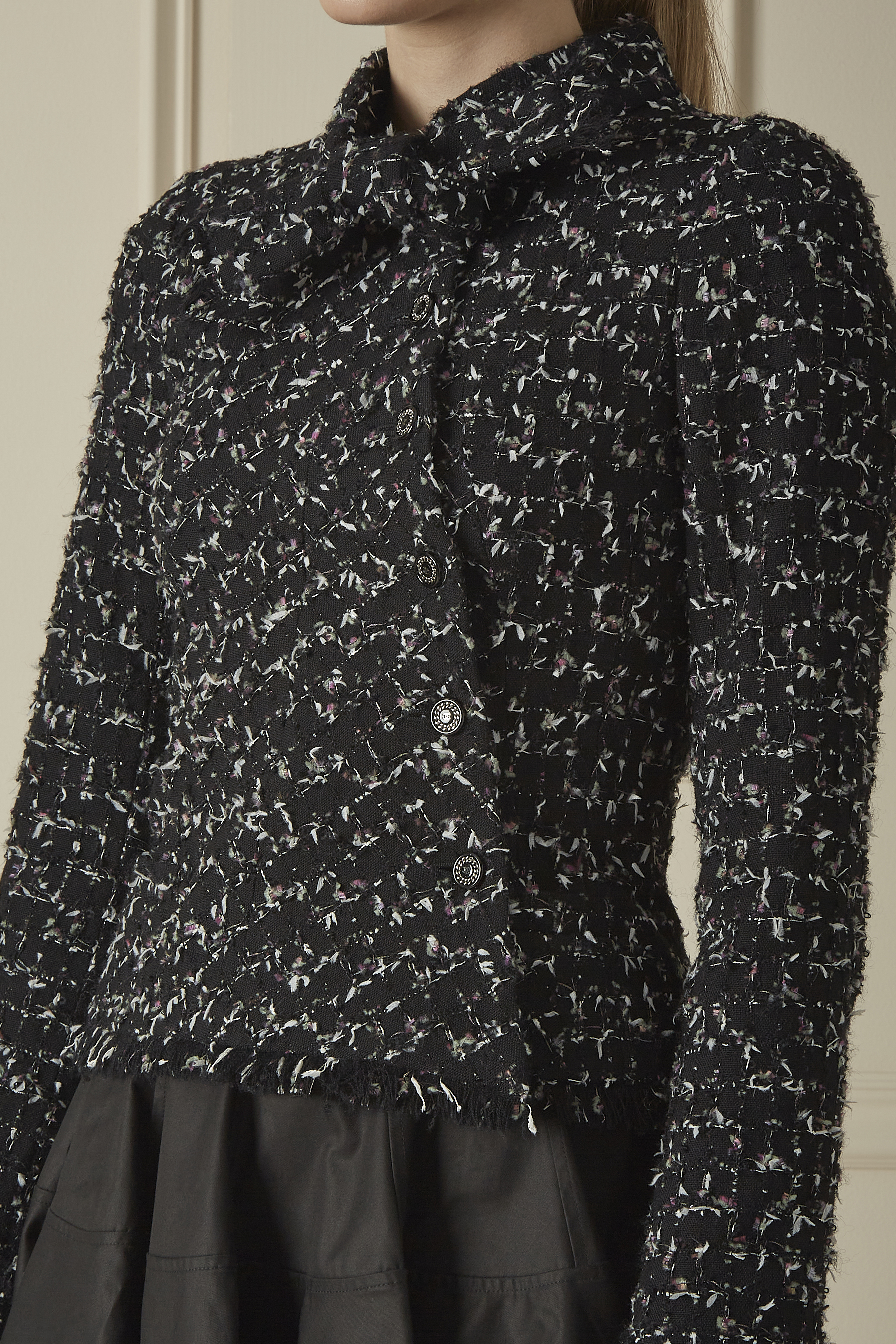 Black Bouclé Tweed Necktie Jacket