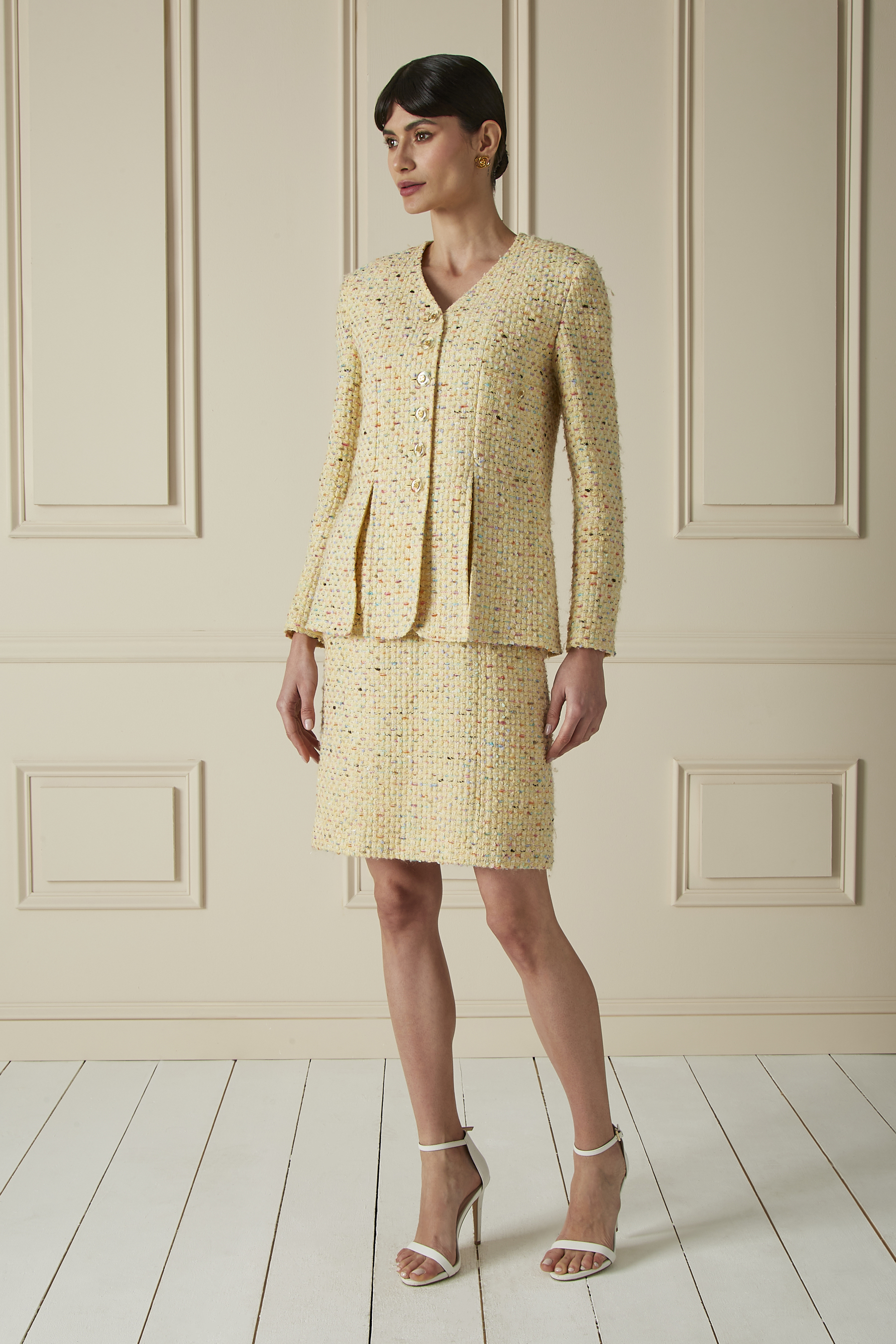 Yellow & Multicolor Wool Blend Tweed Jacket And Dress Set