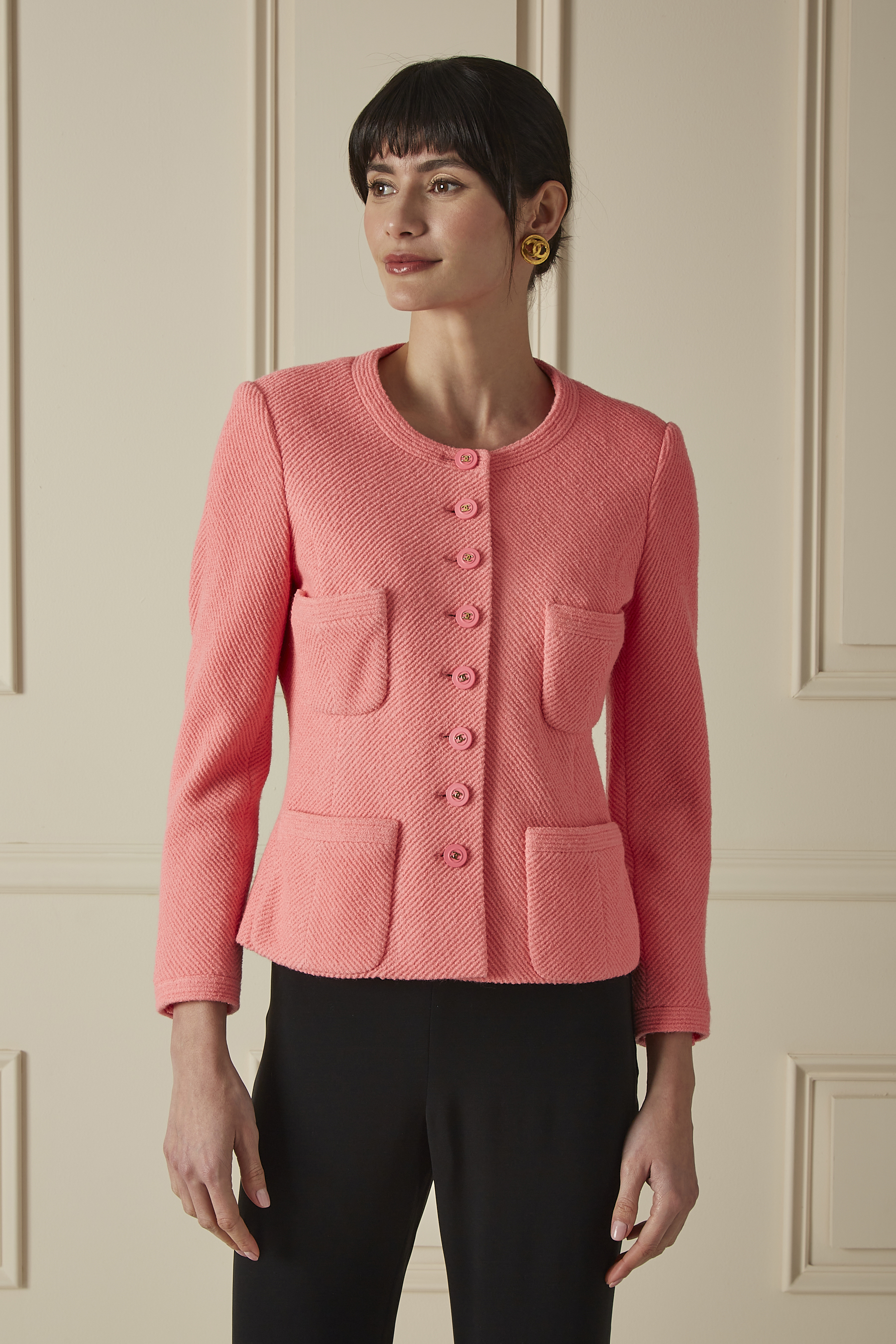 Pink Wool Blend Collarless Buttoned Jacket