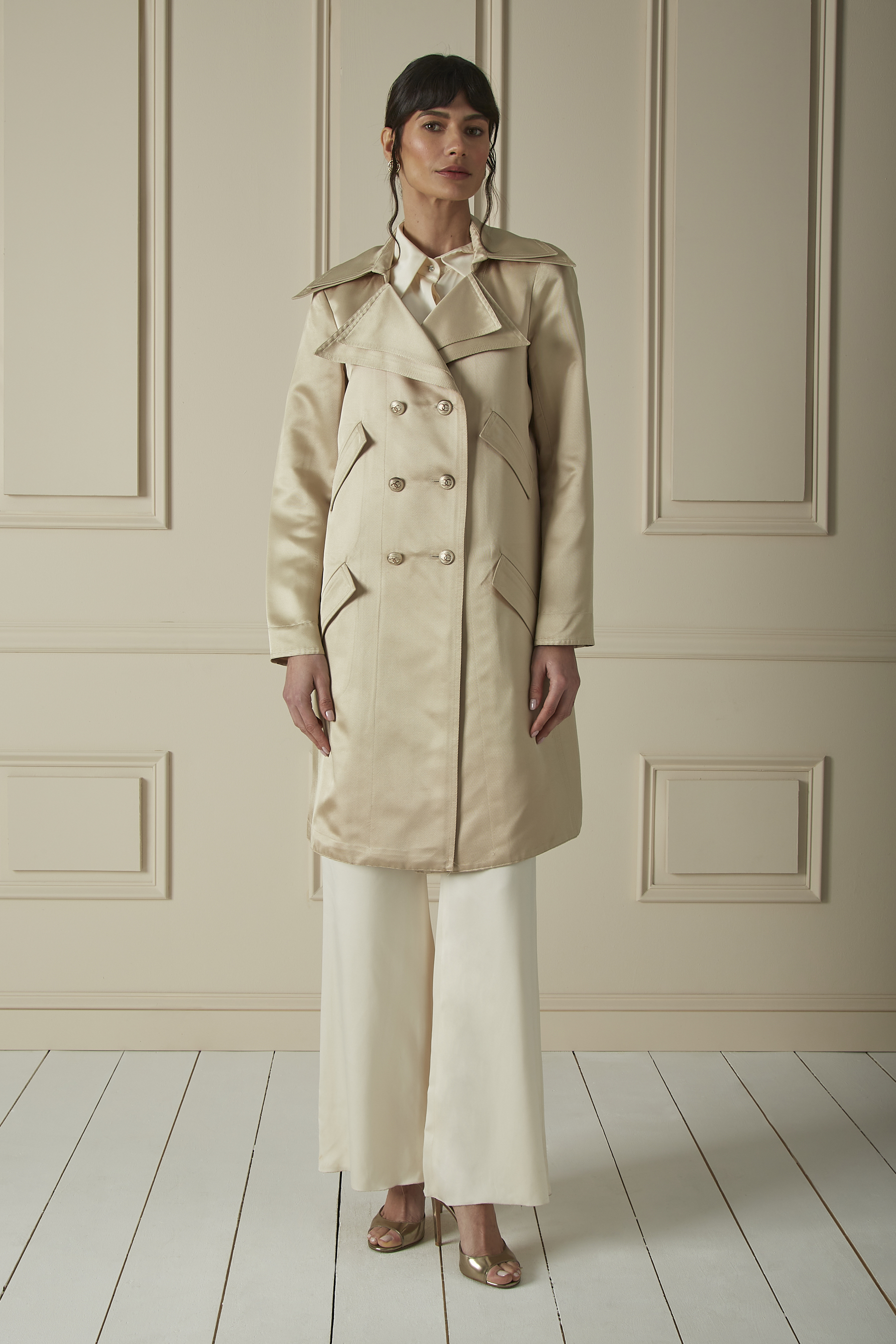Beige Sateen Twill Double Breasted Trench Coat