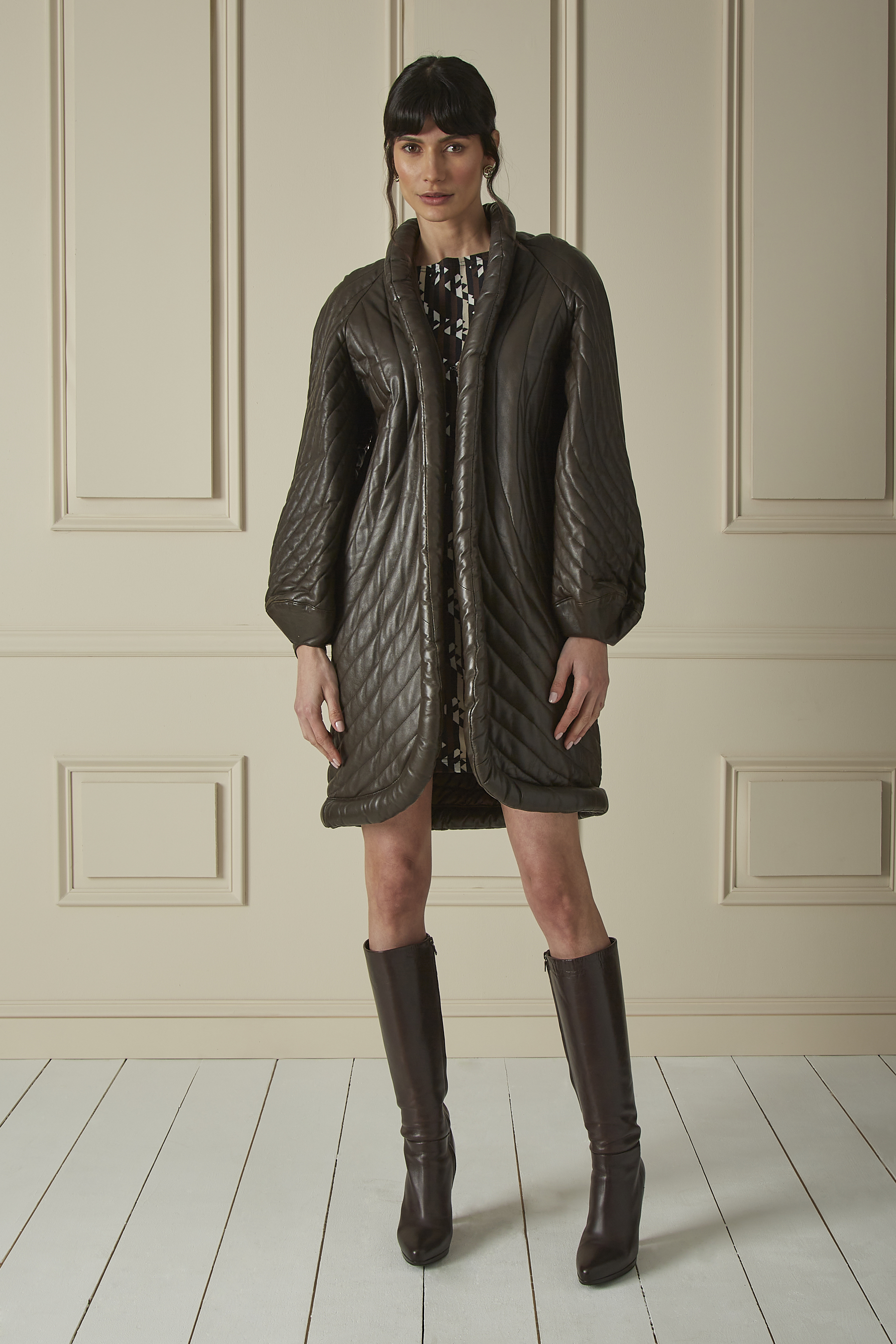 Brown Quilted Leather Puffer Coat