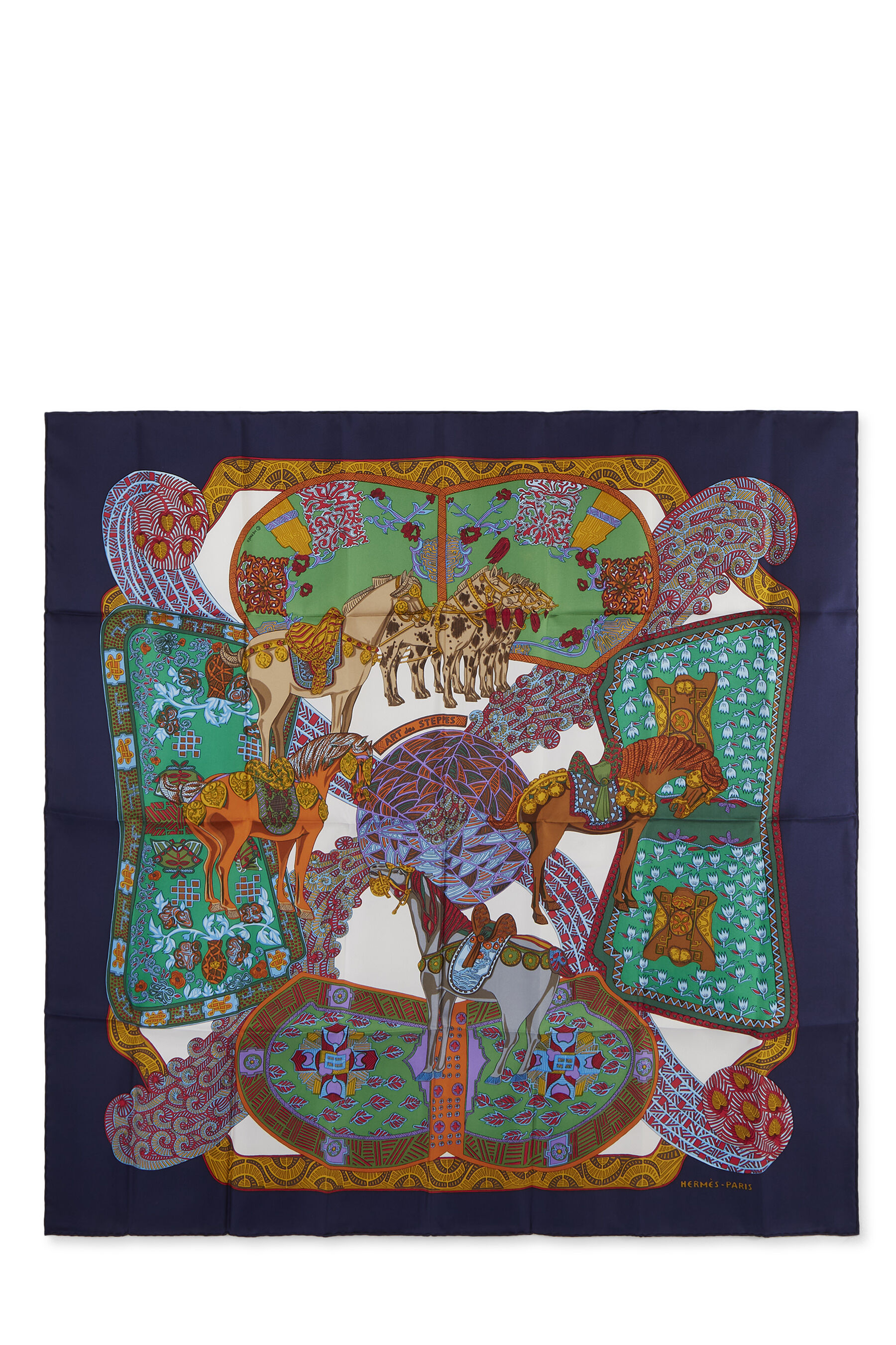 Navy & Multicolor 'Art Des Steppes' Silk Scarf 90