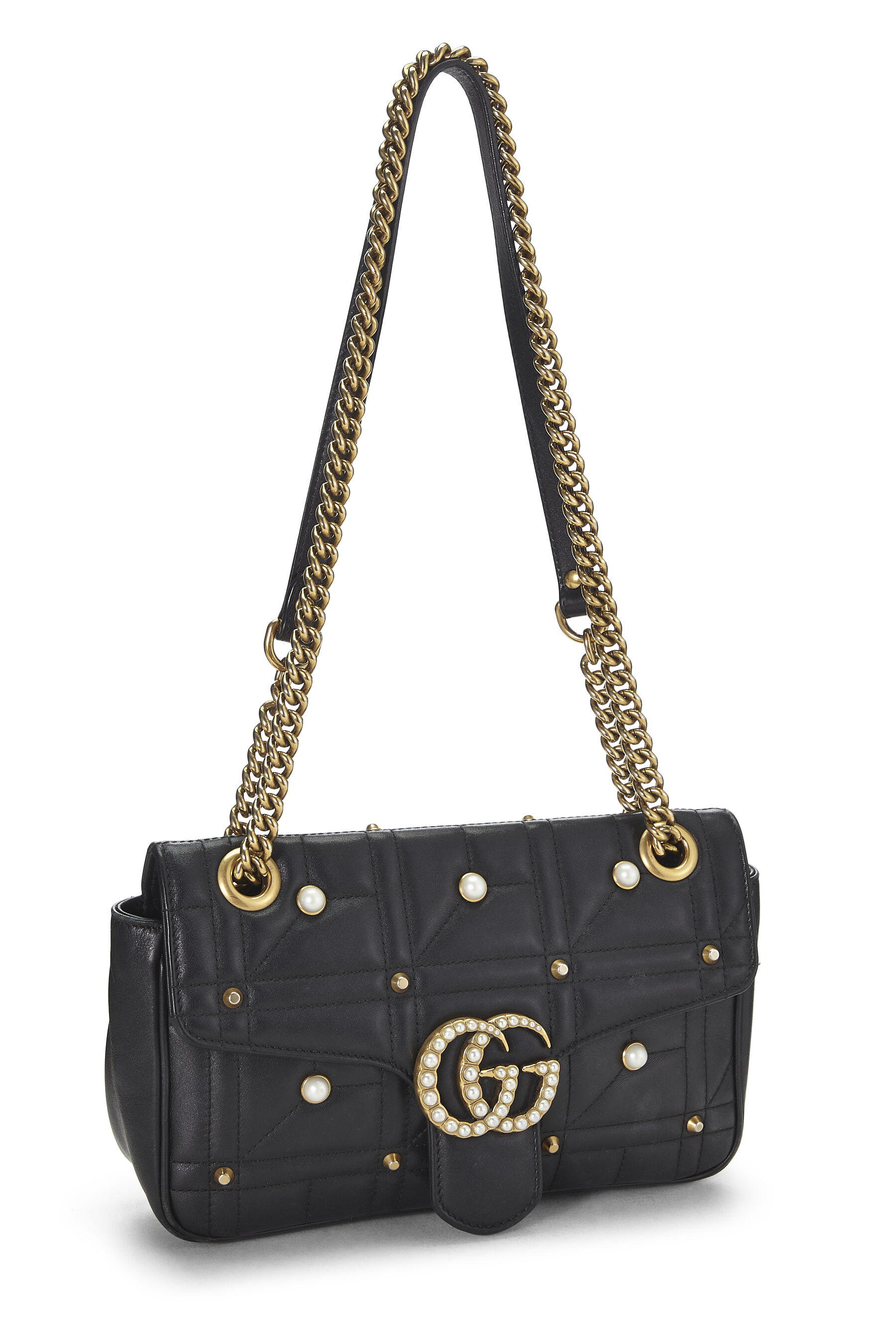 Black Leather & Faux Pearl GG Marmont Shoulder Bag Small