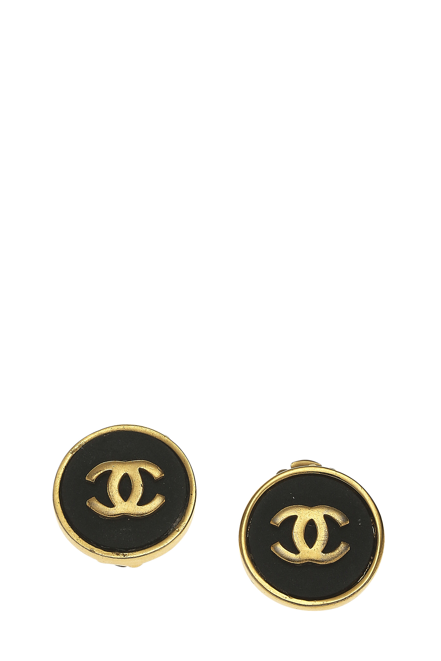 Gold & Black &apos;CC&apos; Button Earrings
