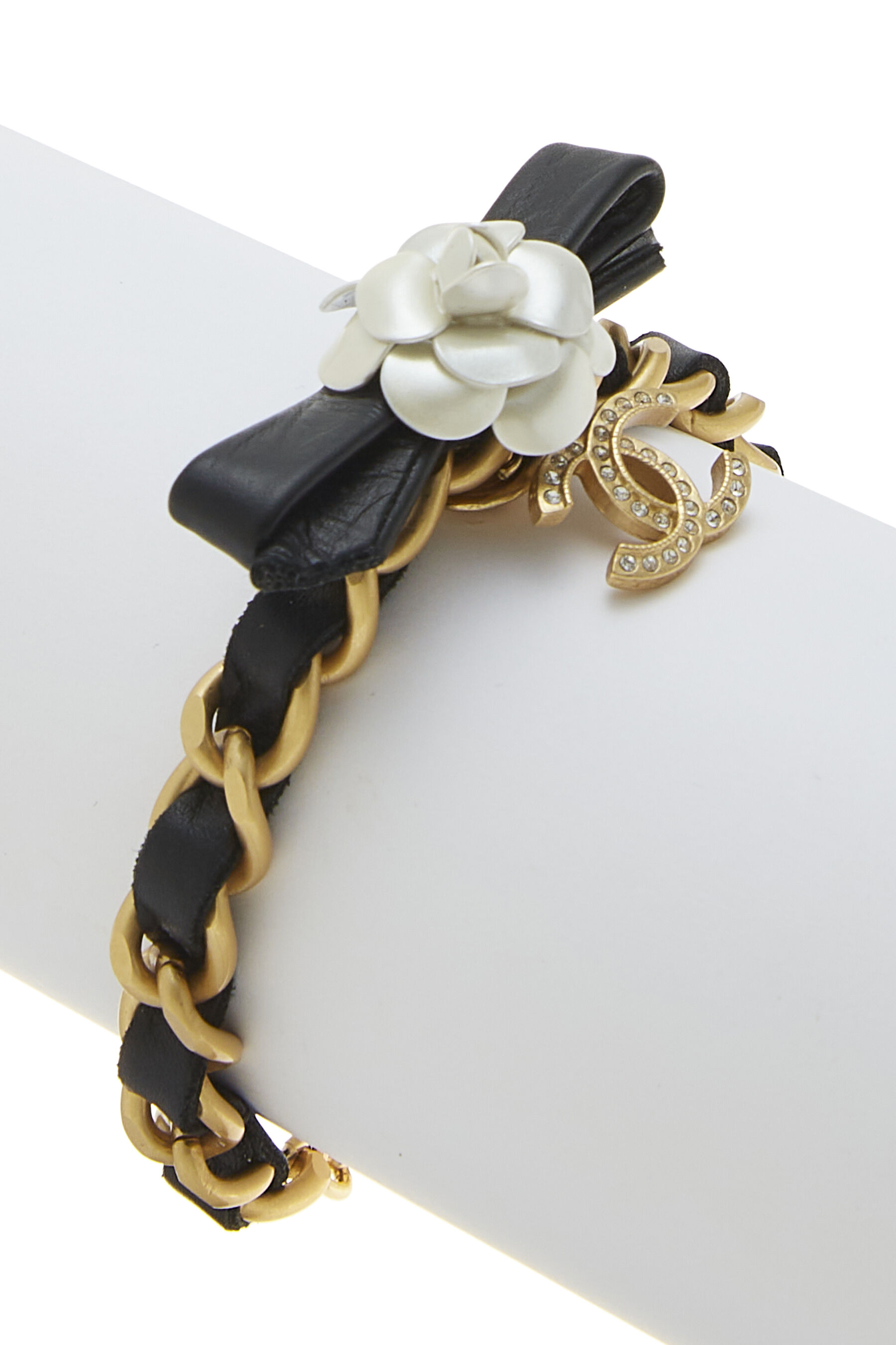 Gold & Black Leather &apos;CC&apos; Bow Bracelet