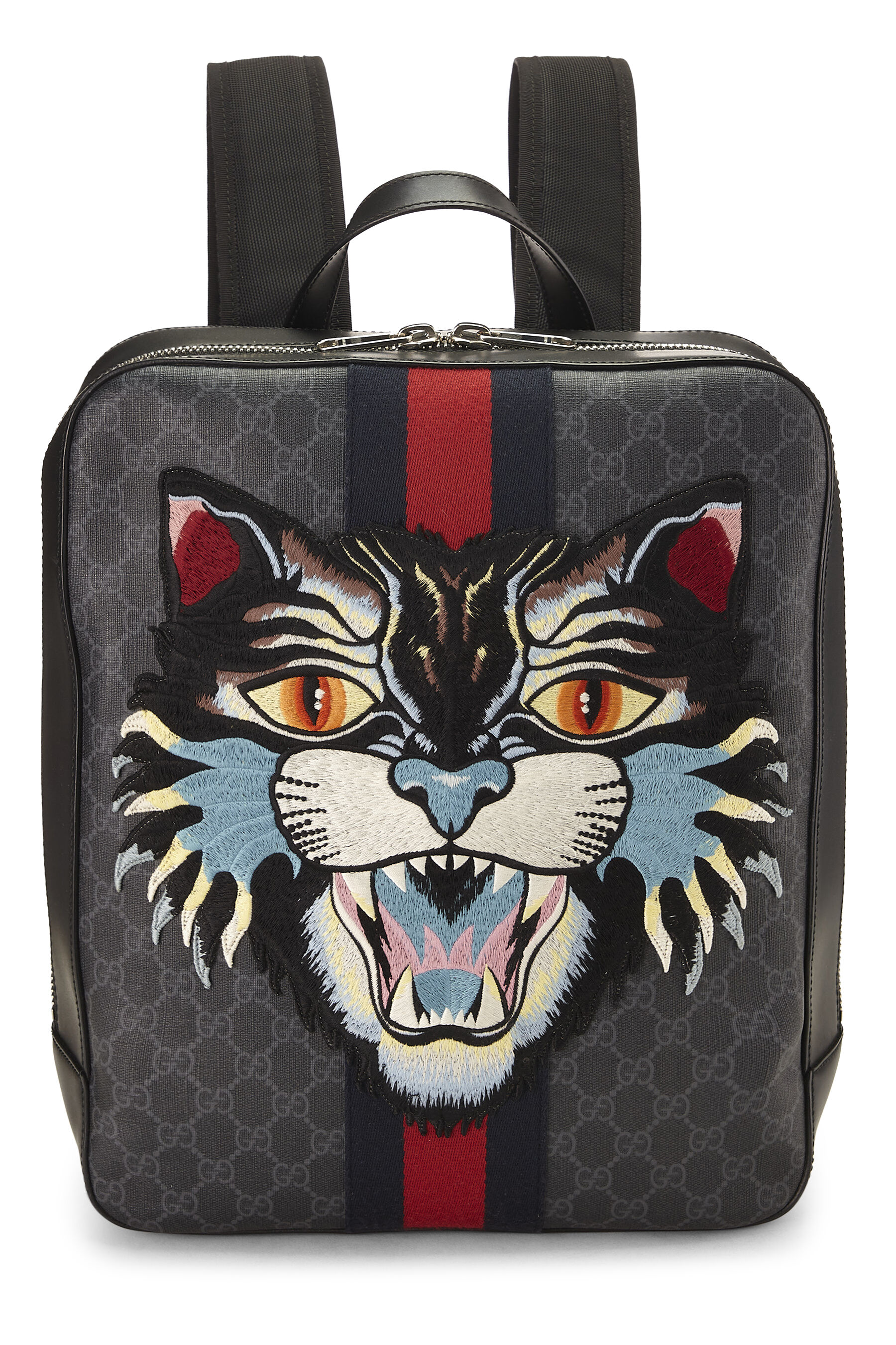 Gucci Black GG Supreme Canvas Angry Cat Web Backpack
