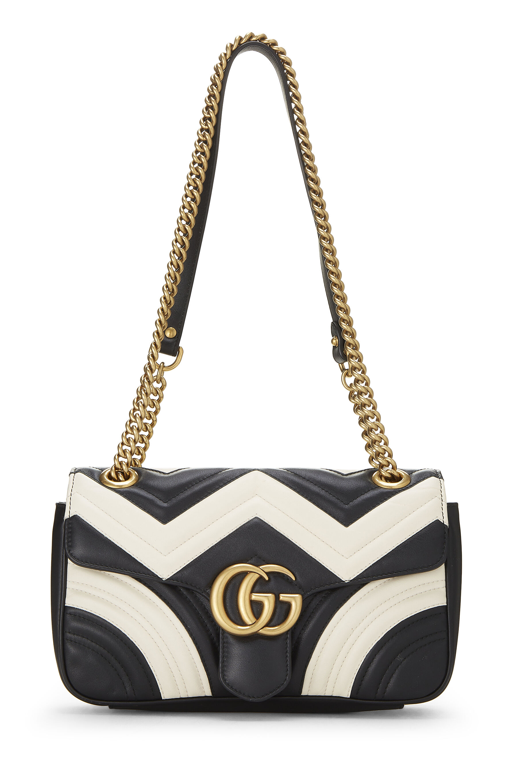 Gucci Black & White Leather GG Marmont Shoulder Bag Small