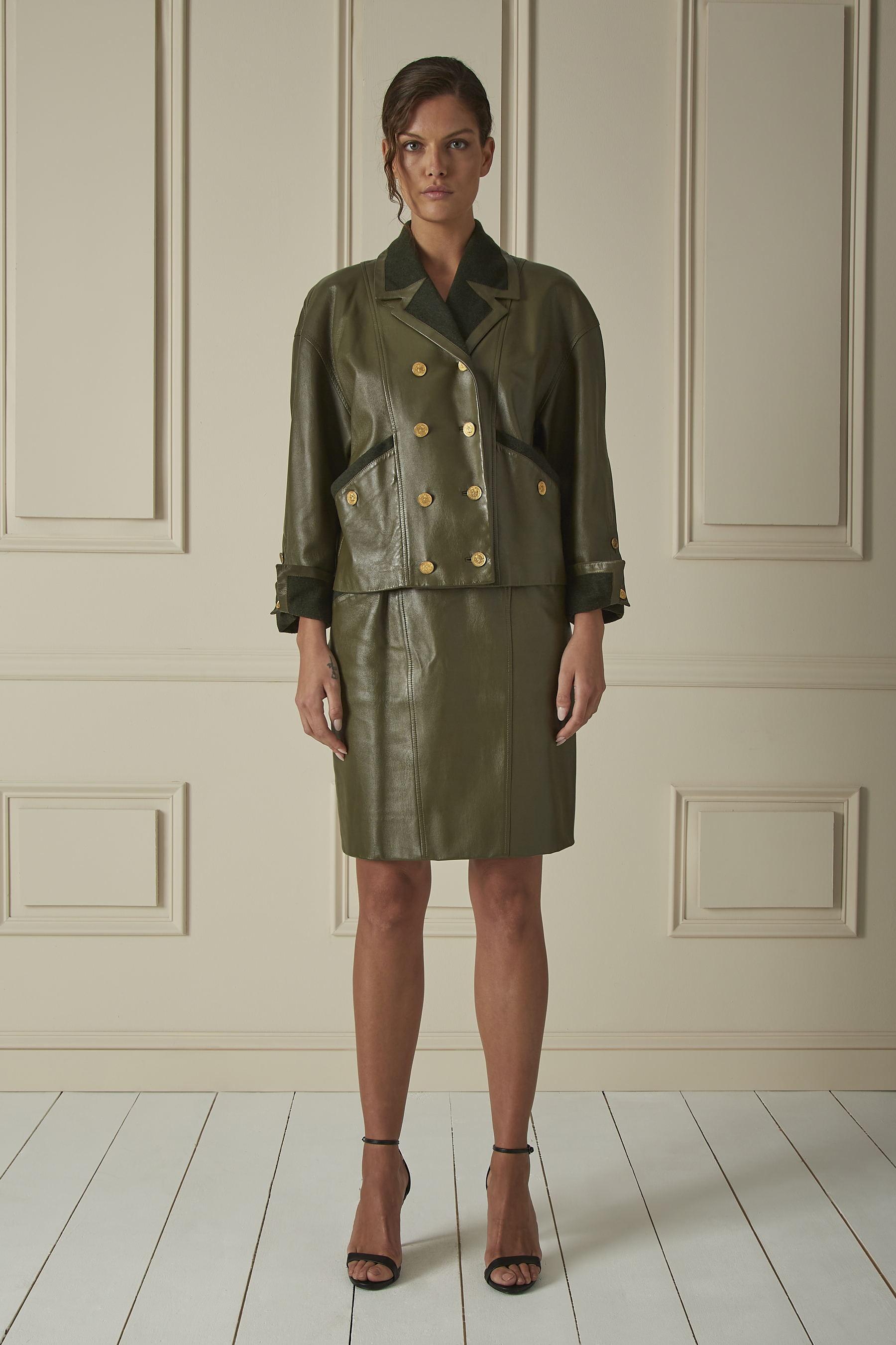 Green Leather And Wool Skirt Suit Set